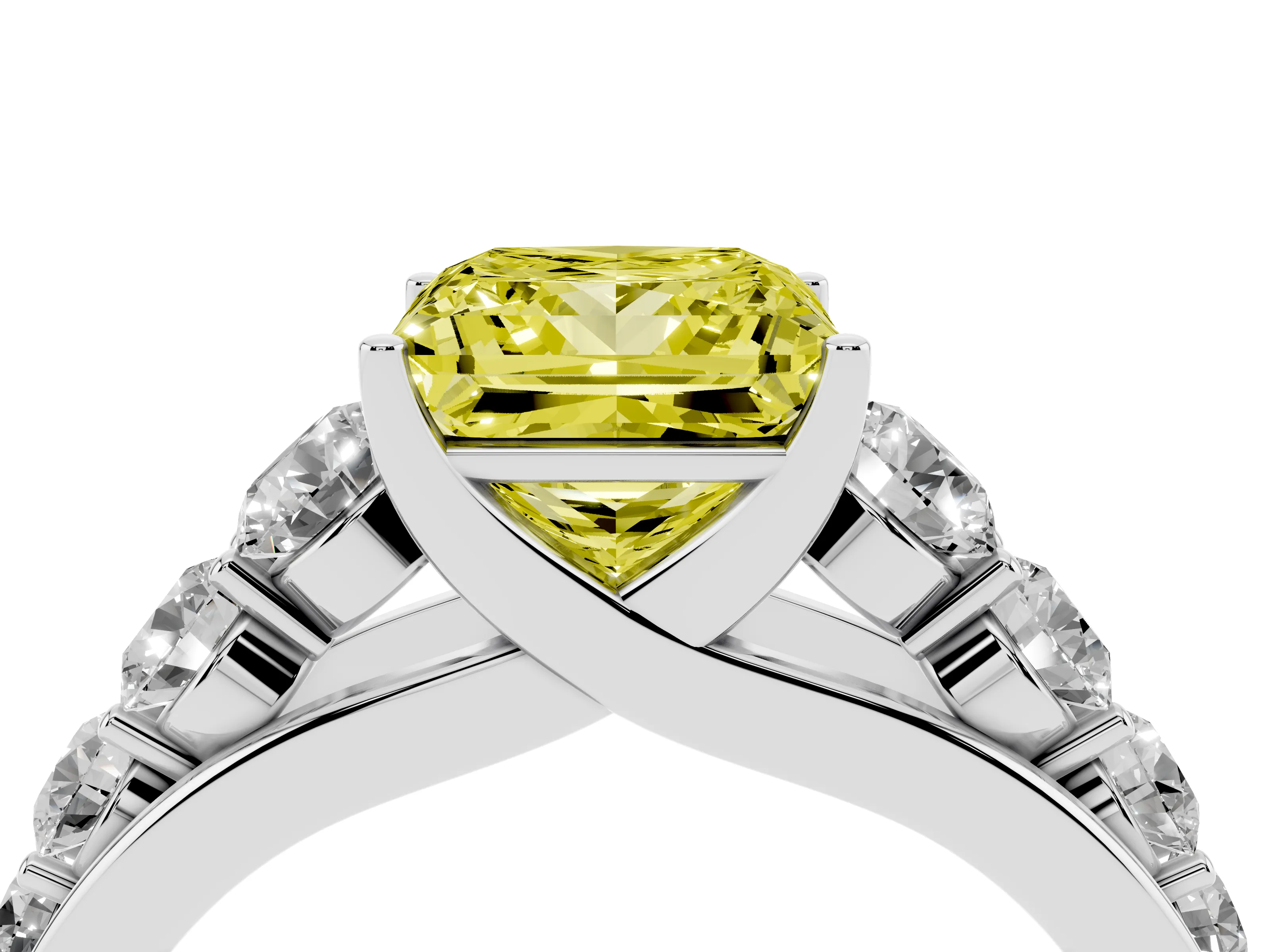 Fancy Yellow Princess Cut Diamond Solitaire Ring Set in Platinum with Pavé-Set Band and Prong Setting