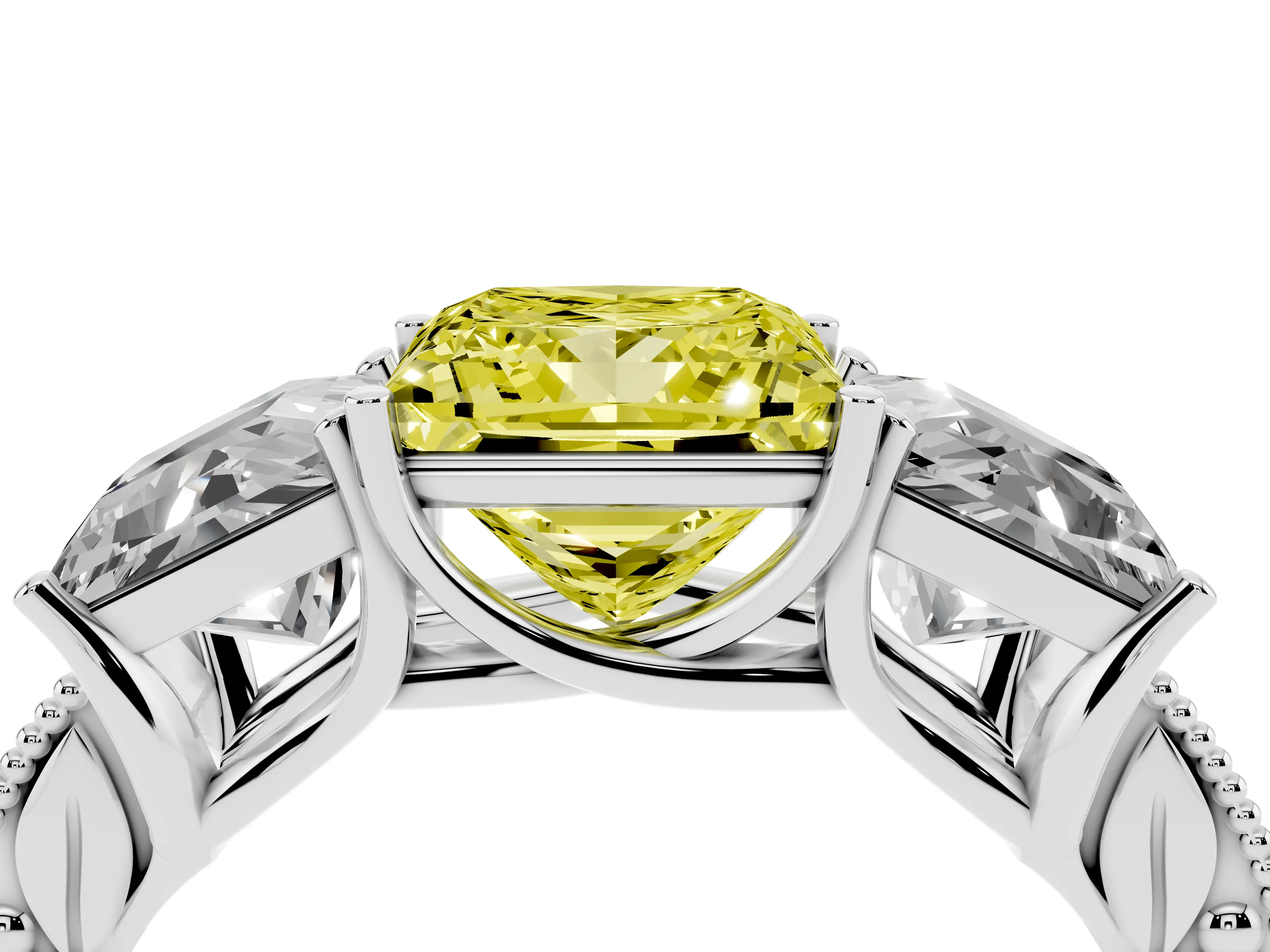 Fancy Yellow Princess Cut Diamond Three-Stone Engagement Ring Set in White gold with Milgrain Pavé Band