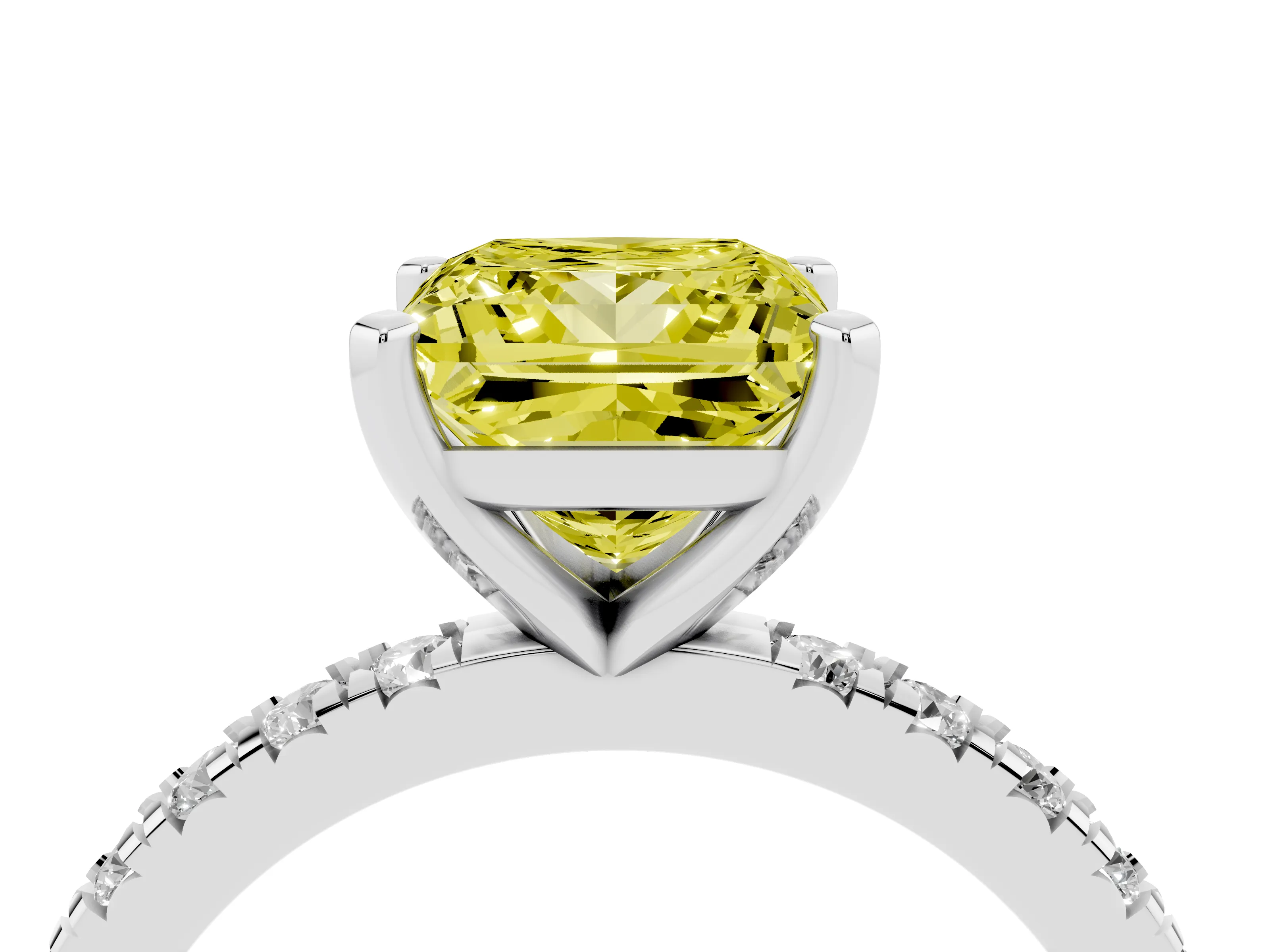 Fancy Yellow Princess Cut Diamond Pavé Band Solitaire Set in White gold with Prong Setting