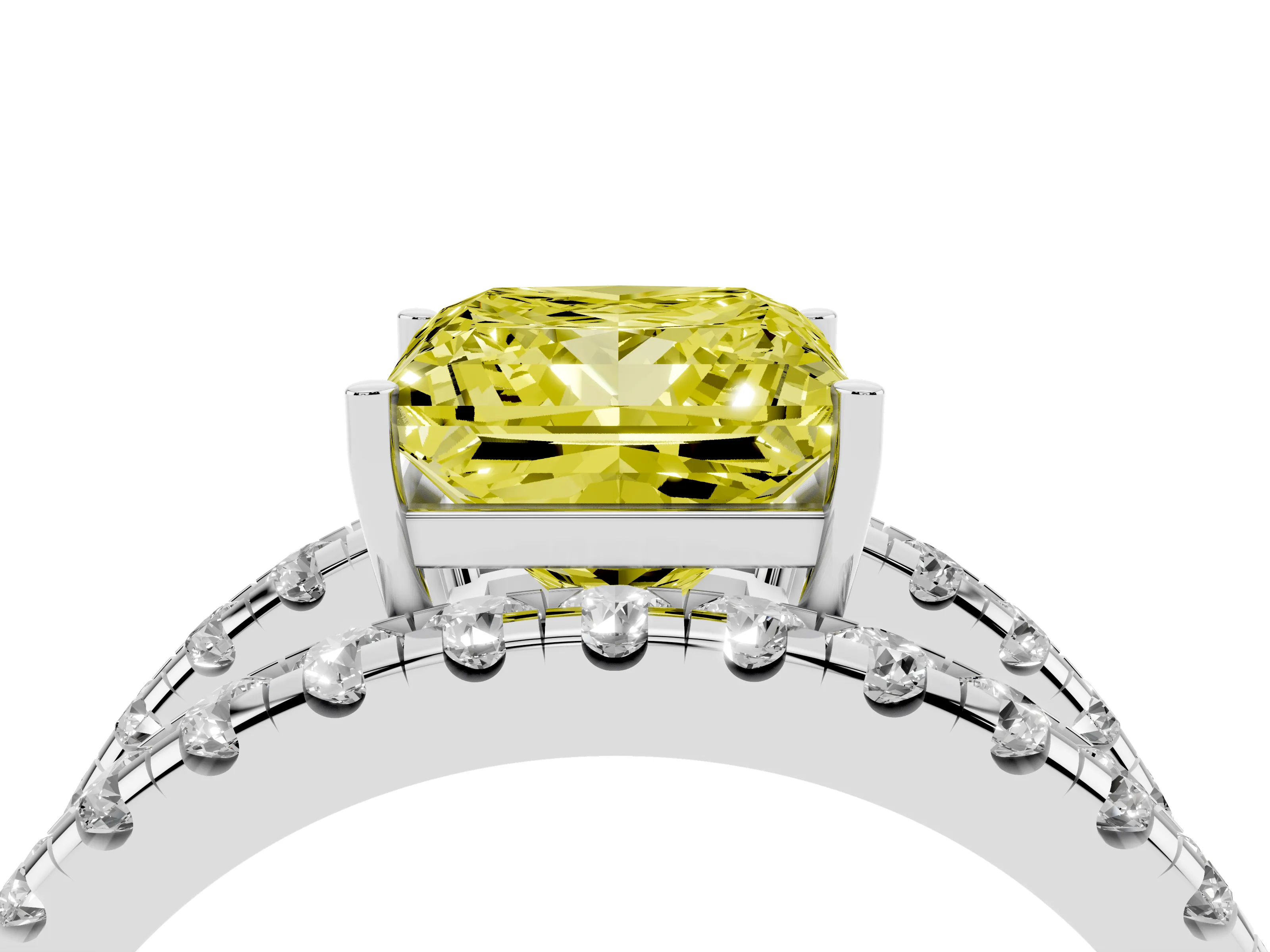 Fancy Yellow Princess Cut Diamond Split Shank Pavé Solitaire Ring Set in White gold with Open Shank Design