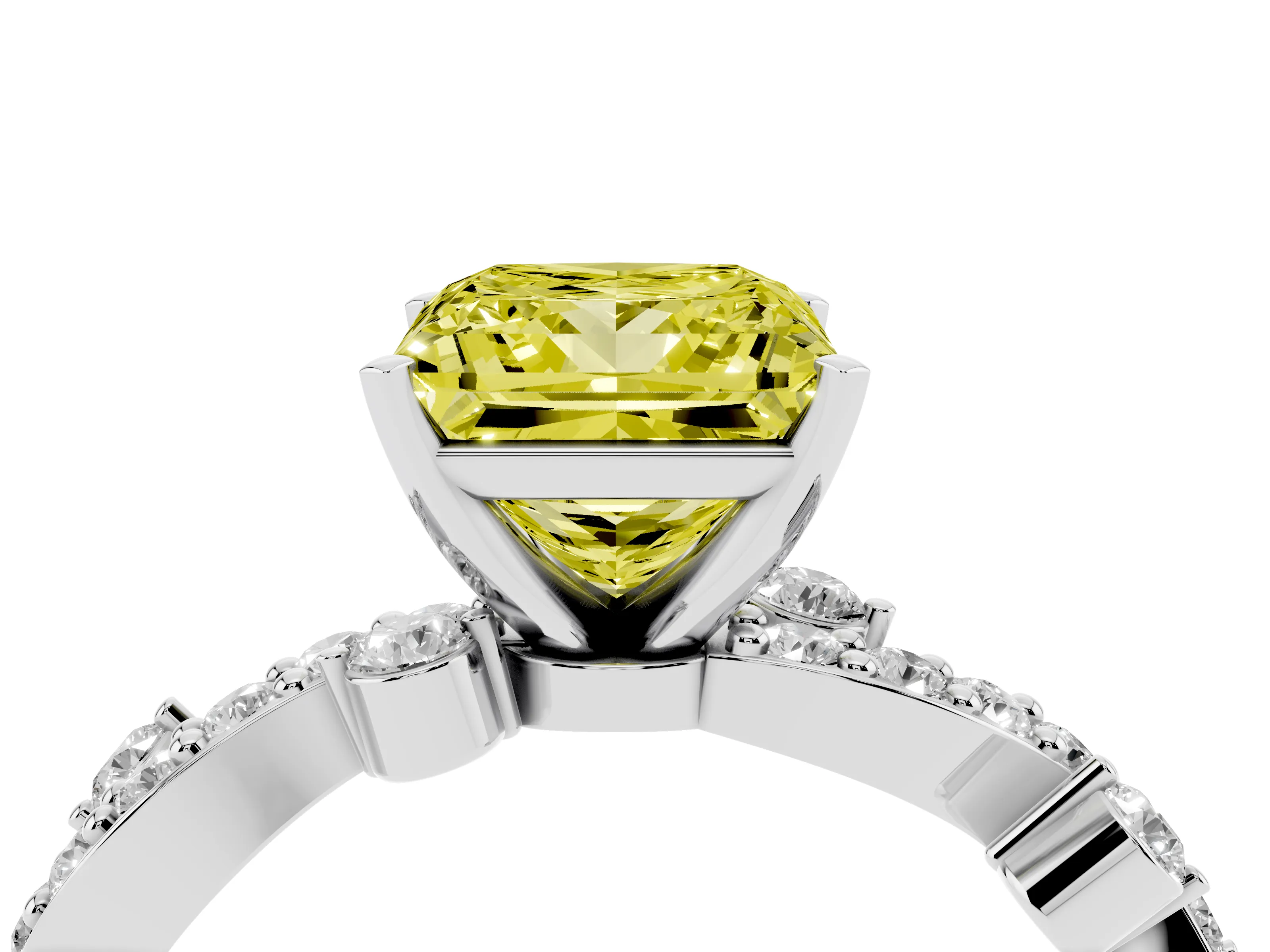 Fancy Yellow Princess Cut Diamond Solitaire Twisted Band Set in White gold with Pavé Setting