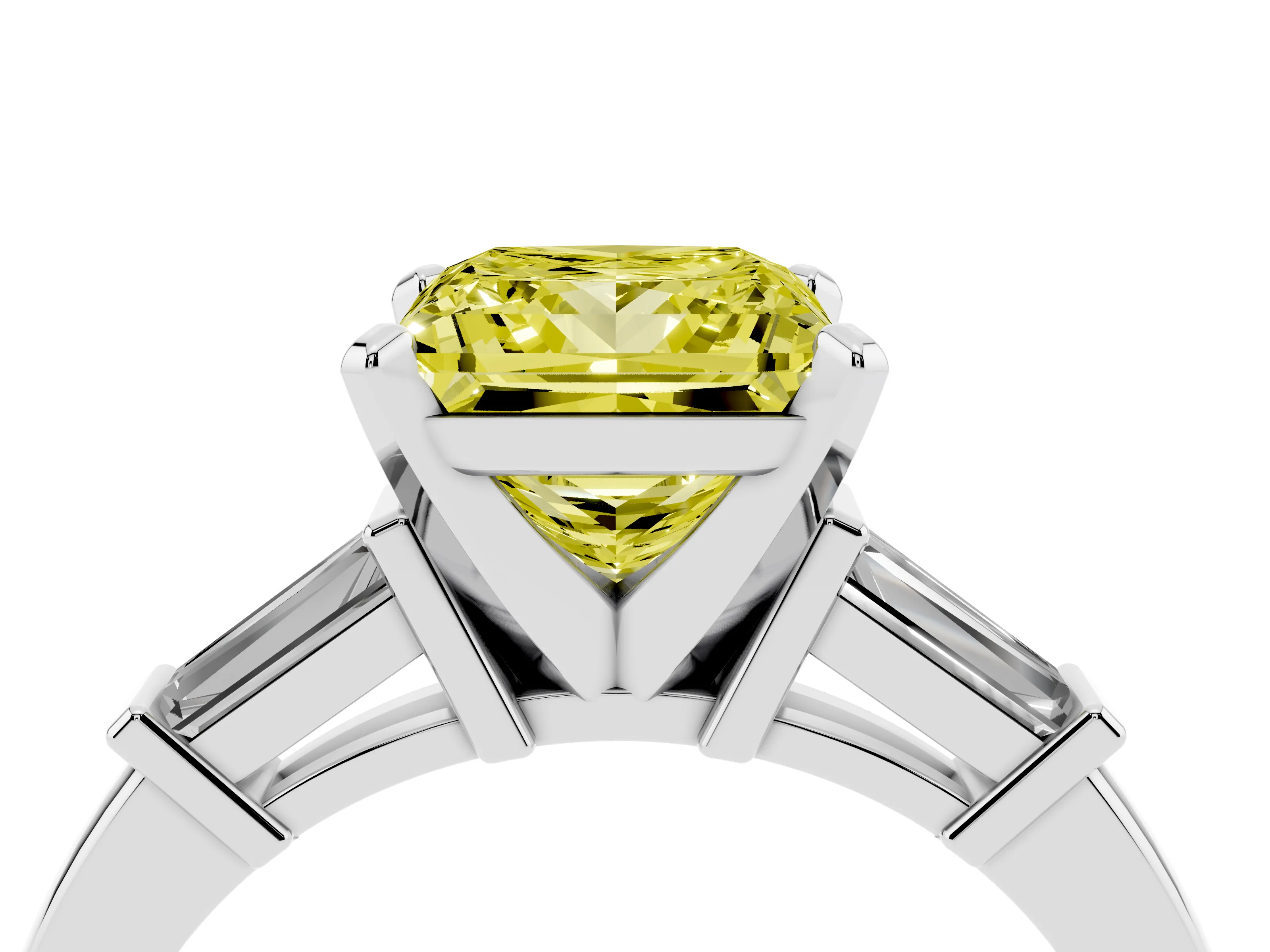 Fancy Yellow Princess Cut Diamond Solitaire Ring Set in White gold with Tapered Baguette Accents and Prong Setting