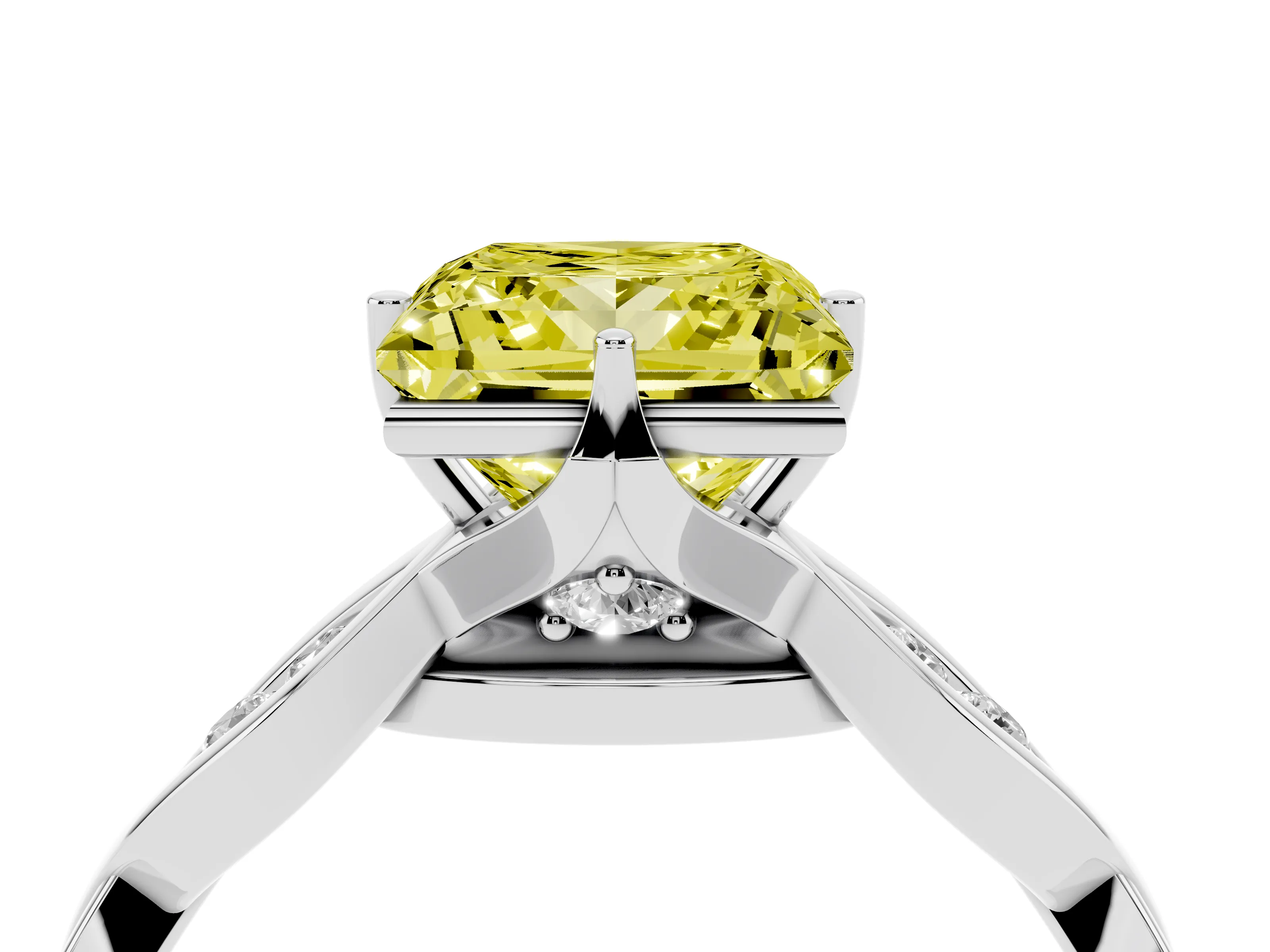 Fancy Yellow Princess Cut Diamond Twist Band Solitaire Ring Set in White gold with Leaf Prong Setting and Accent Stones