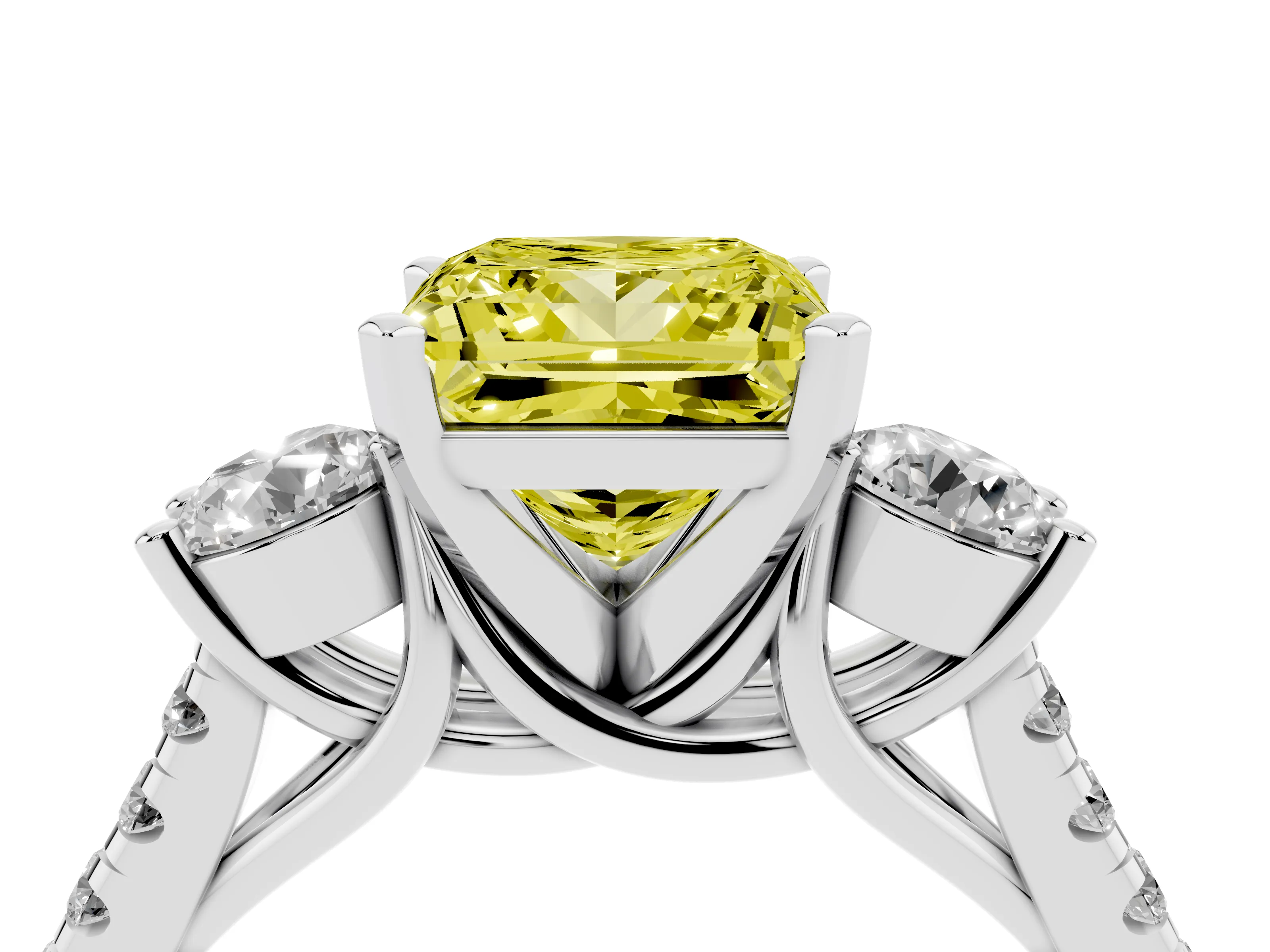 Fancy Yellow Three-Stone Princess Cut Diamond Pavé Band Ring Set in White gold with Prong-Set Trio