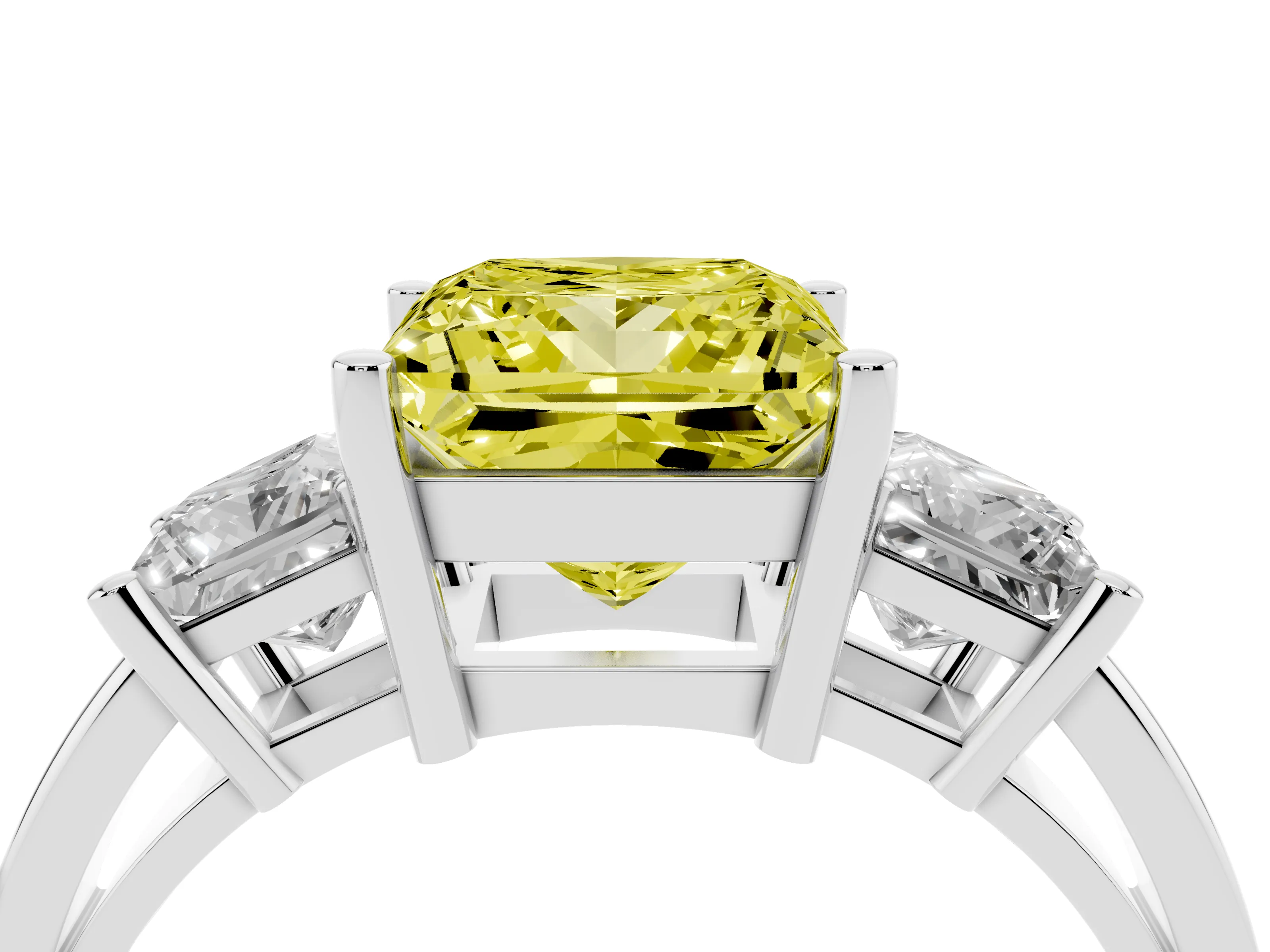 Fancy Yellow Three-Stone Princess Cut Diamond Solitaire Ring Set in Platinum with Prong Setting