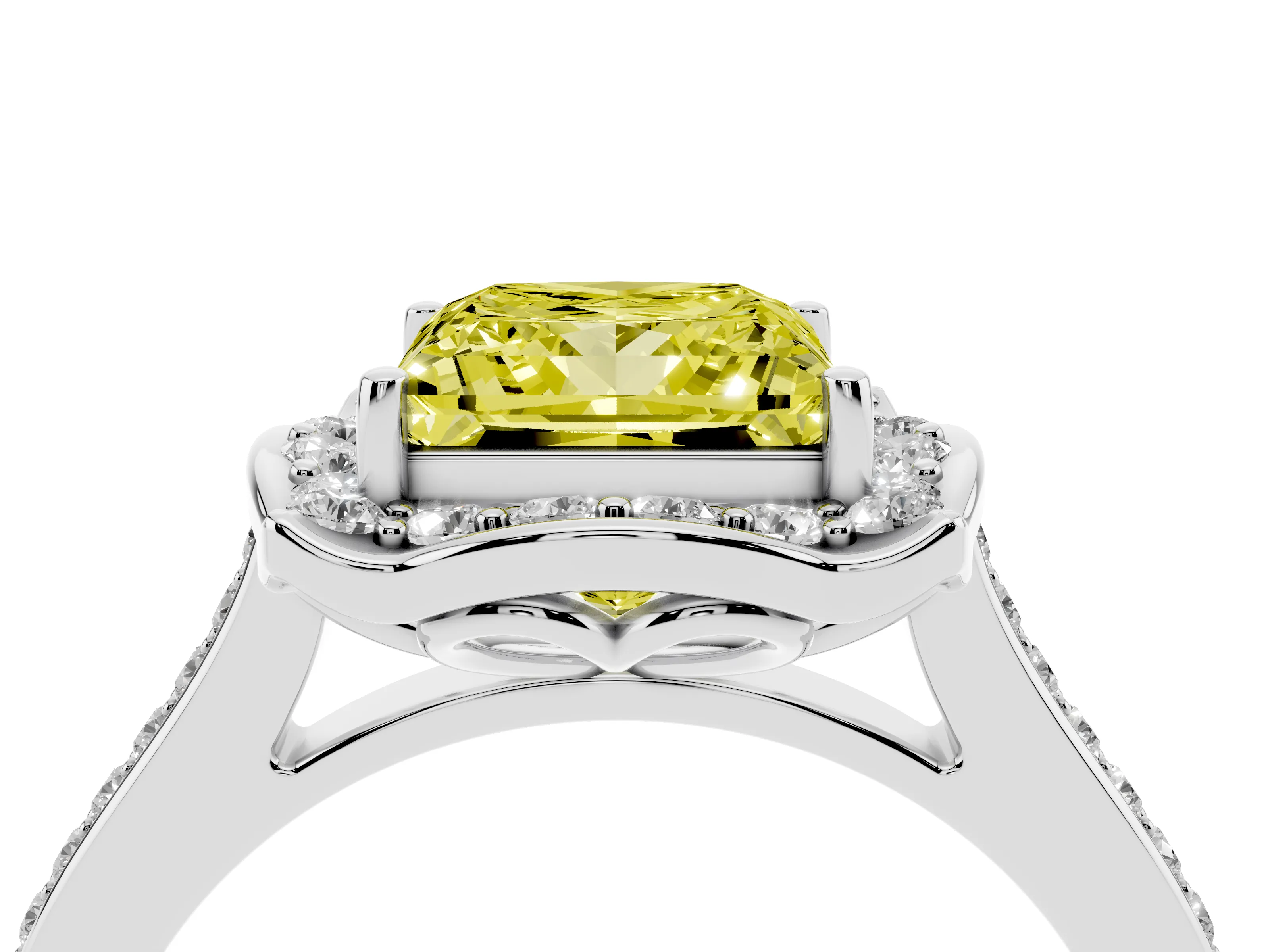 Fancy Yellow Princess Cut Diamond Halo Ring Set in White gold with Pavé-Lined Shoulders and Prong Setting
