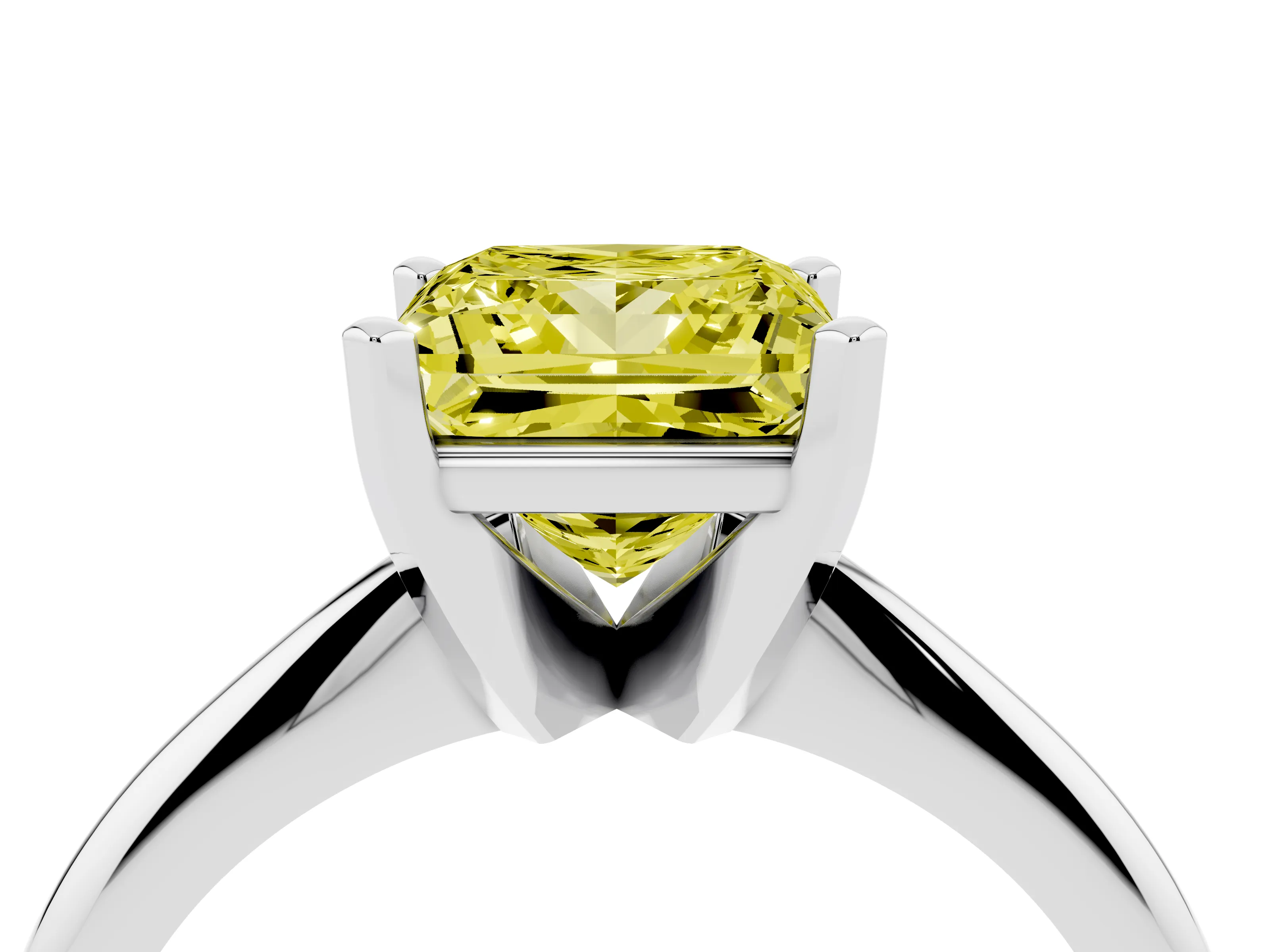 Fancy Yellow Princess Cut Diamond Solitaire Ring Set in White gold with Prong Setting on a Plain Round Band