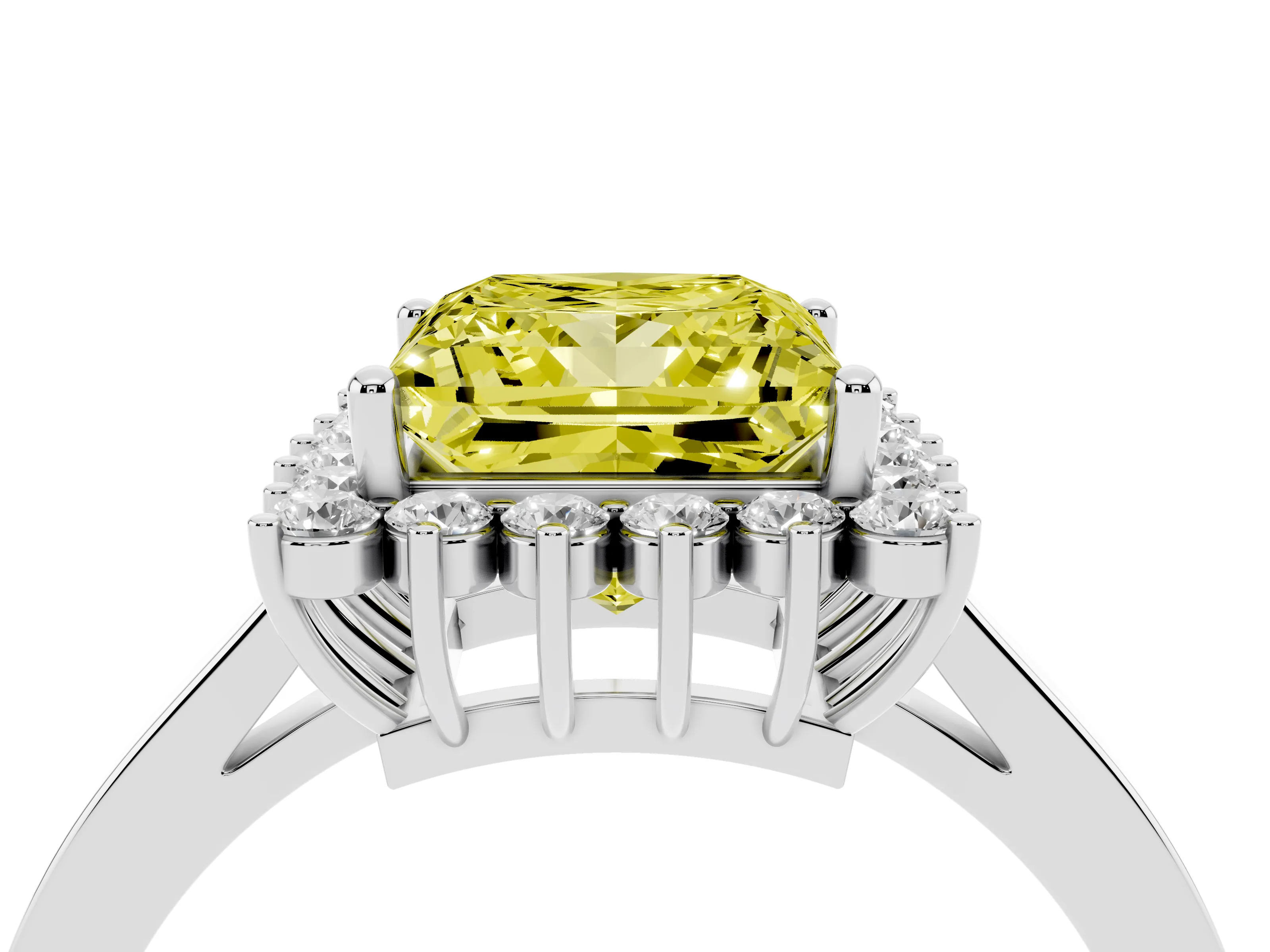 Fancy Yellow Princess Cut Diamond Halo Ring Set in White gold with Round Halo and Smooth Solitaire Band