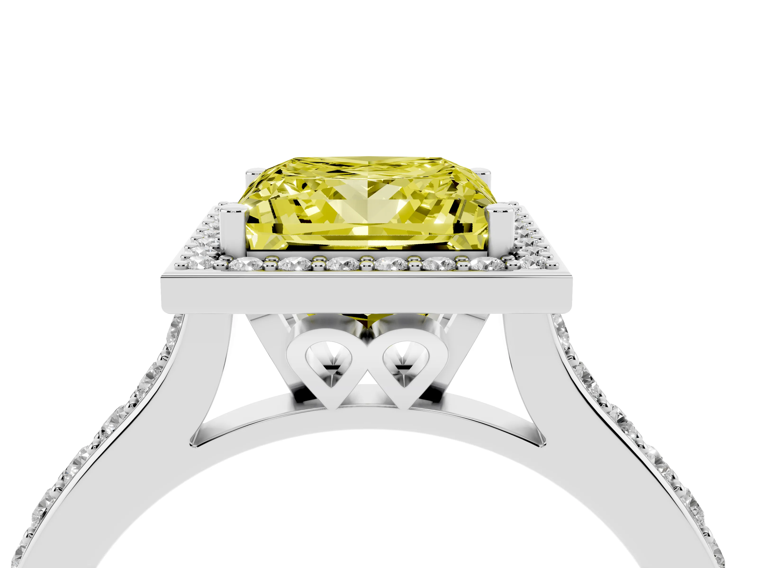Fancy Yellow Princess Cut Diamond Halo Engagement Ring Set in White gold with Round Pavé Shoulders and Heart Gallery