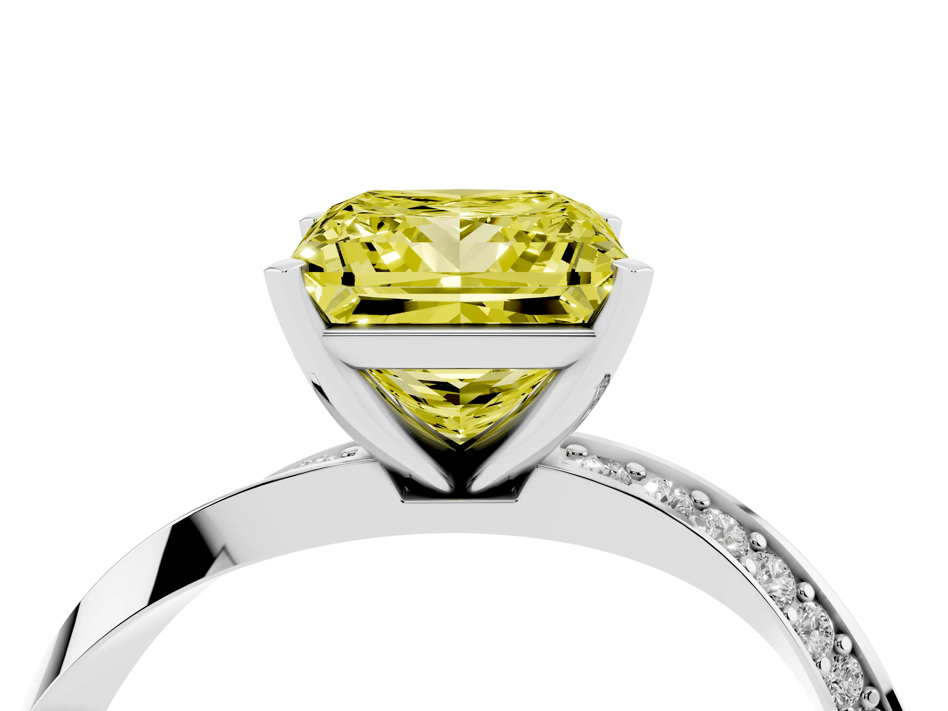 Fancy Yellow Princess Cut Diamond Engagement Ring Set in Silver with Side Stone Accents and Prong Setting