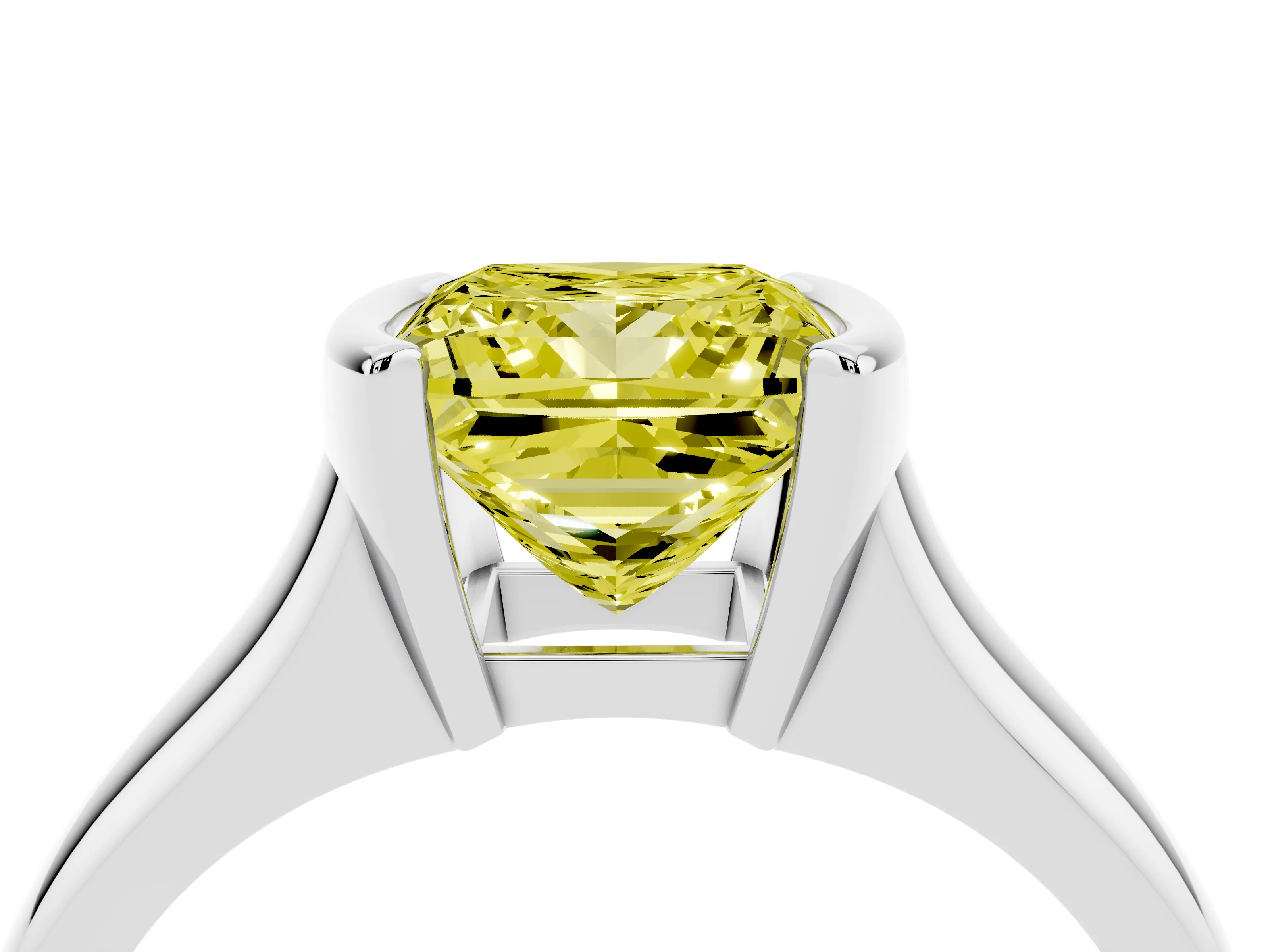 Fancy Yellow Princess Cut Diamond Solitaire Tension Set Ring Set in White gold with Split Shank Band