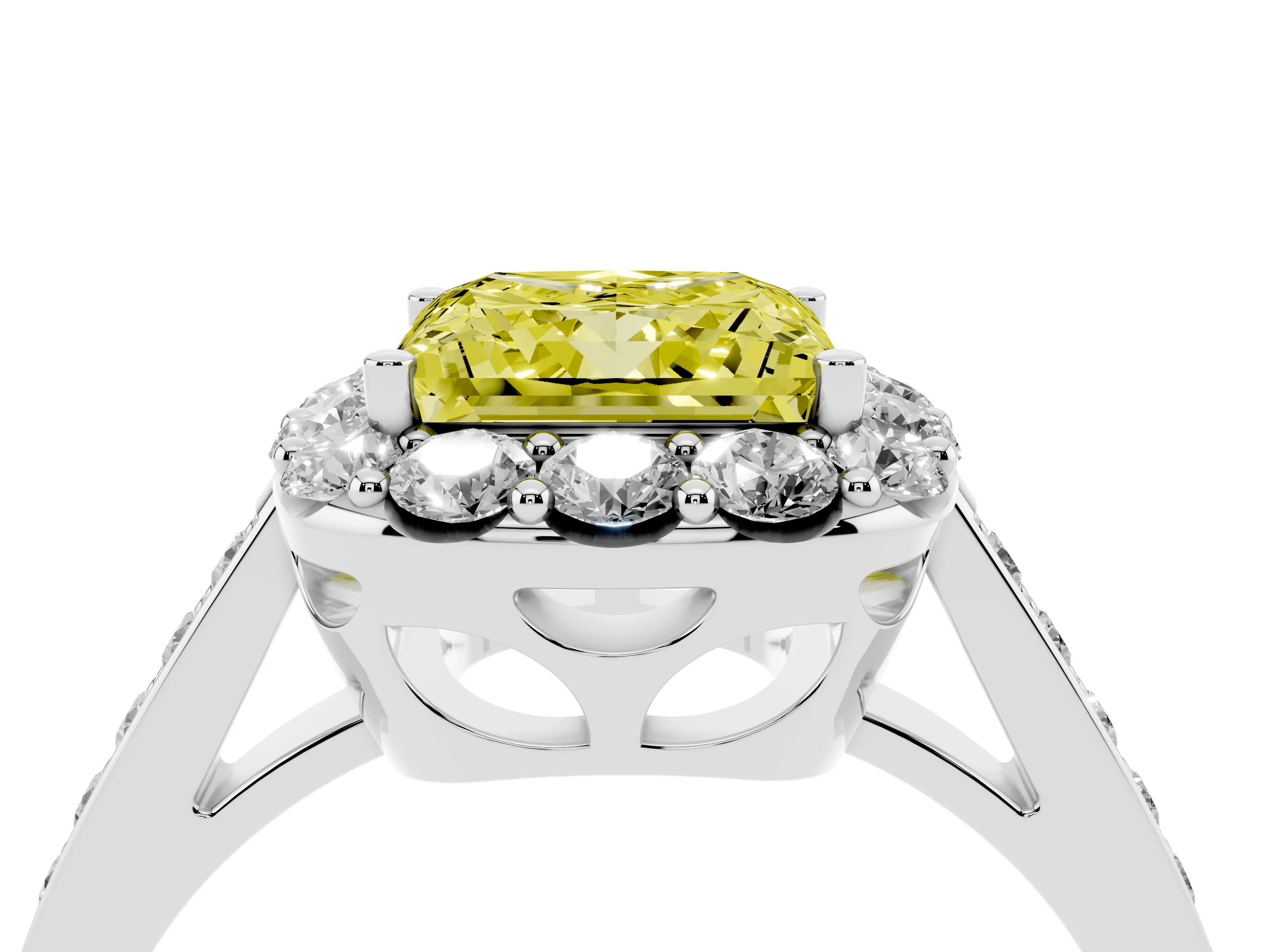 Fancy Yellow Princess Cut Diamond Floral Halo Ring Set in Platinum with Pavé Band and Prong Setting