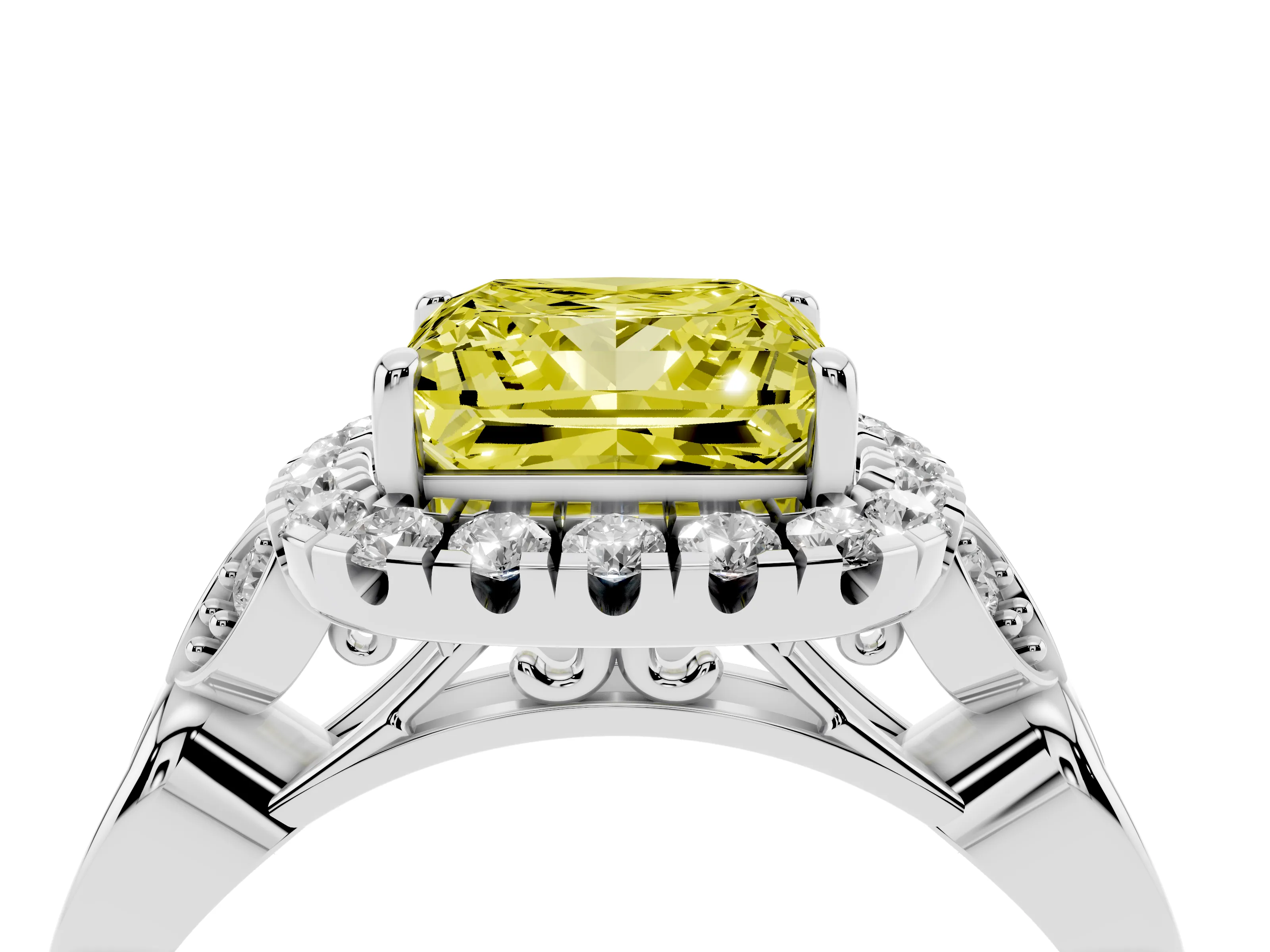 Fancy Yellow Princess Cut Diamond Halo Engagement Ring Set in Platinum with Vintage-Inspired Band and Prong Setting