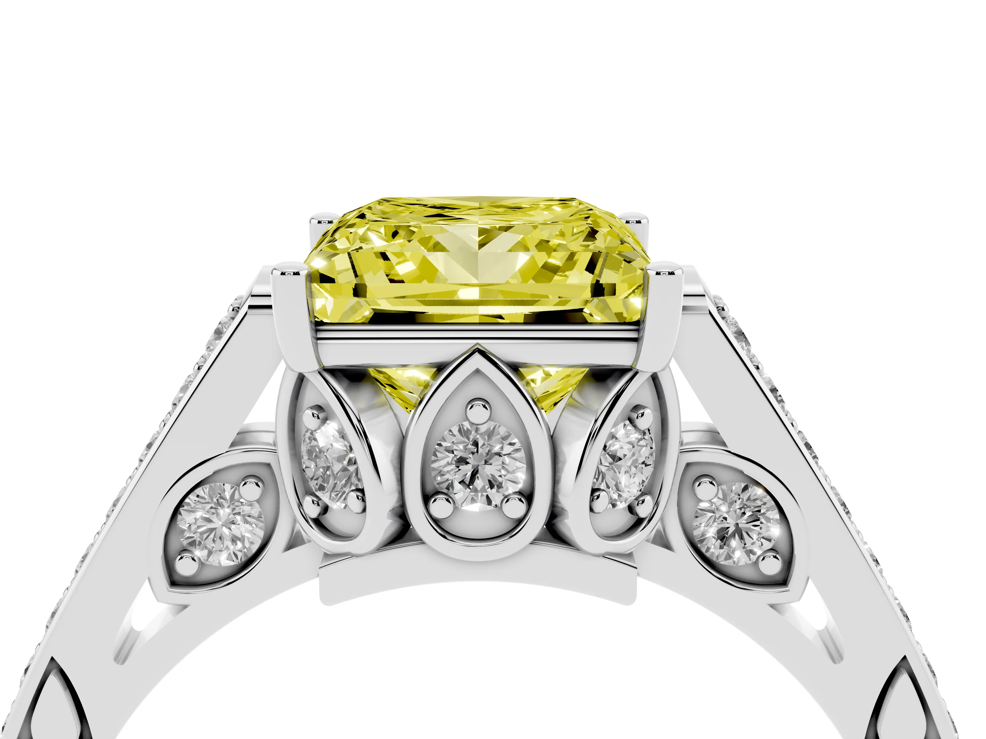 Fancy Yellow Princess Cut Diamond Cathedral Pavé Engagement Ring Set in White gold with Prong Setting