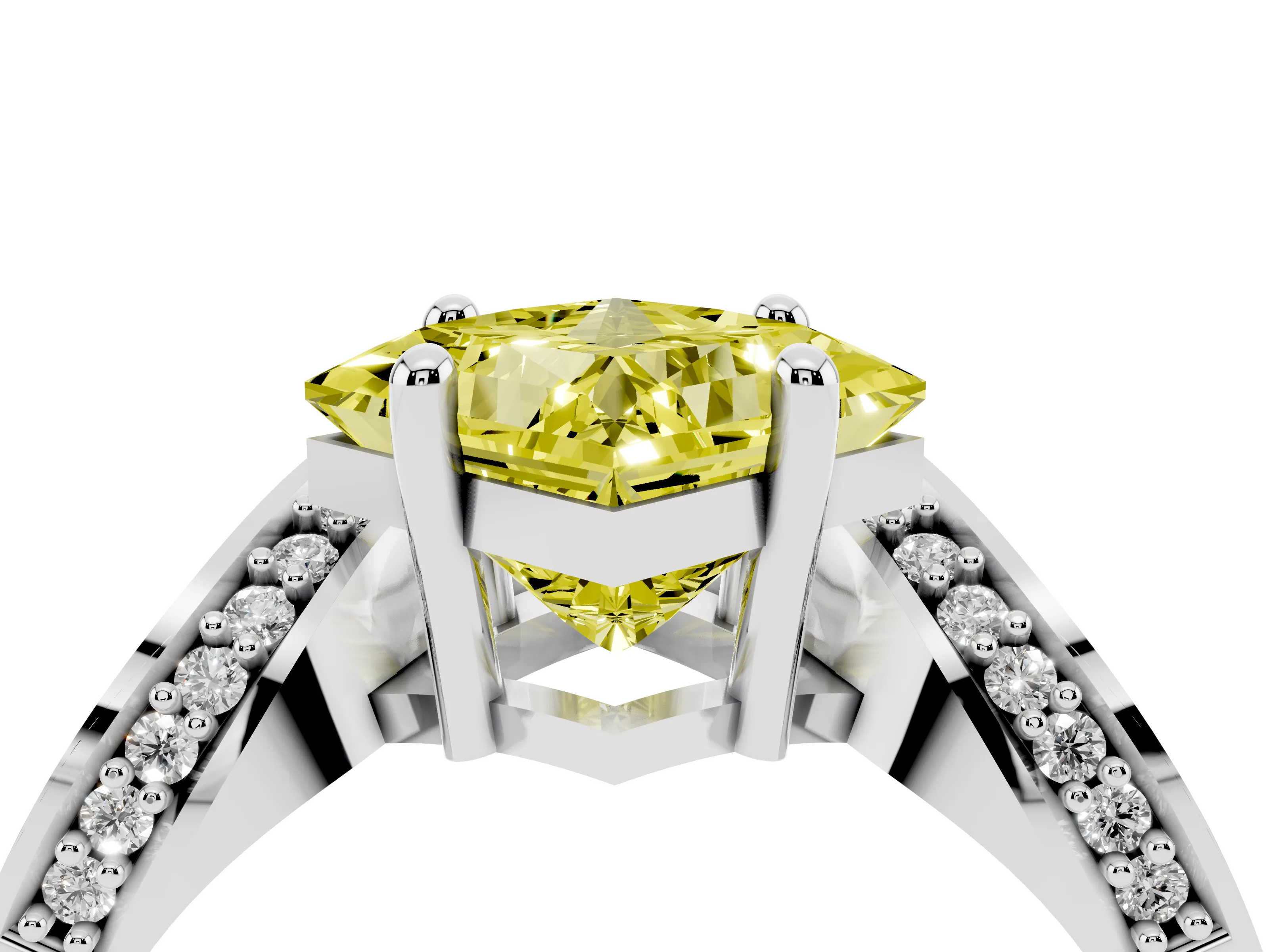 Fancy Yellow Princess Cut Diamond Solitaire Engagement Ring Set in Silver with Pavé Shoulders