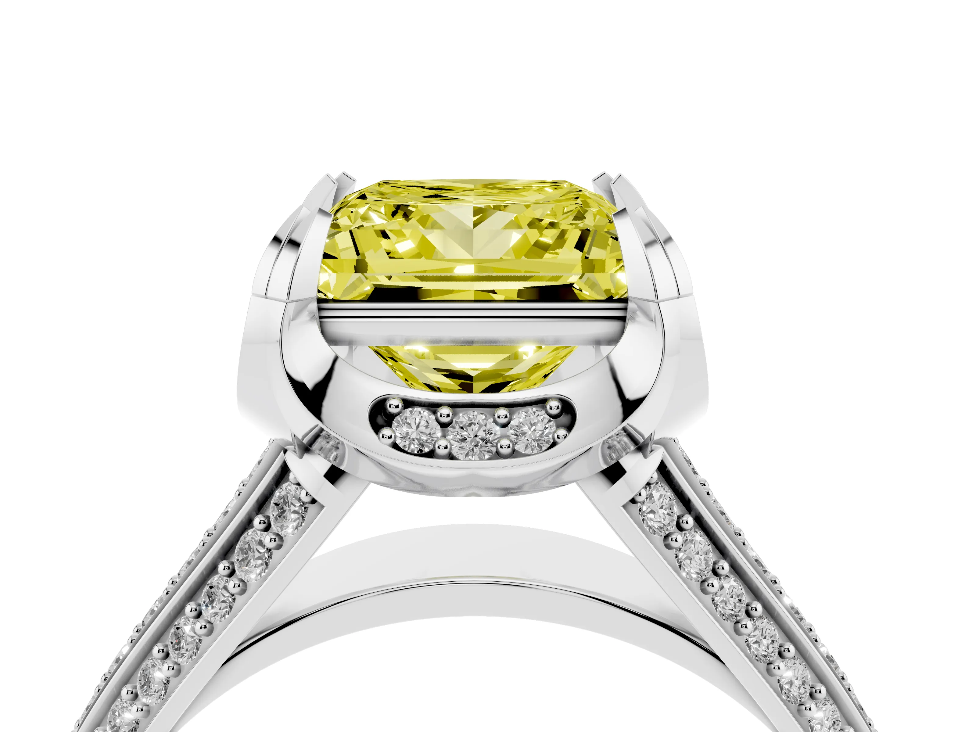 Fancy Yellow Princess Cut Diamond Pavé Split Shank Solitaire Ring Set in Silver with Prong Setting