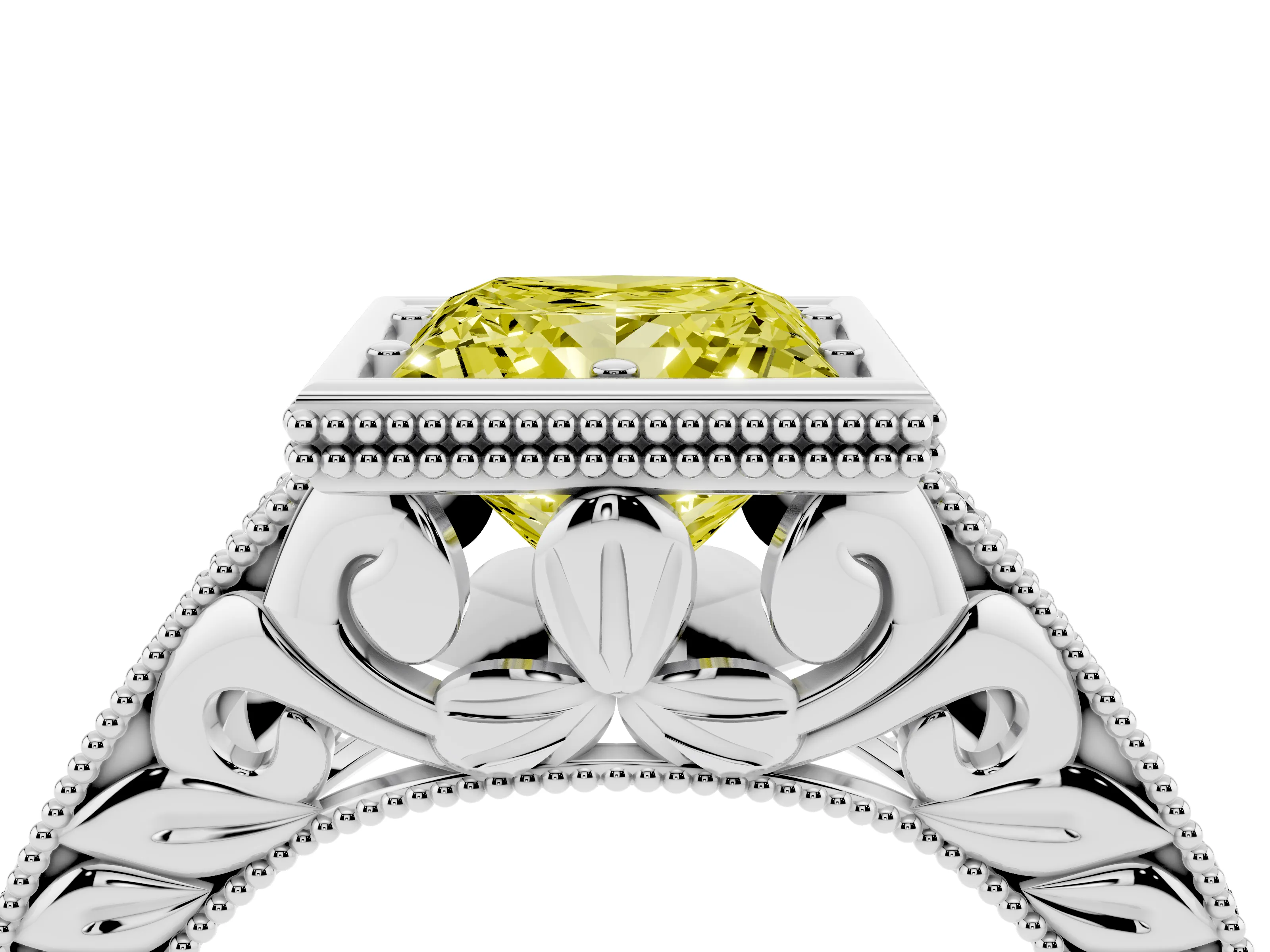 Fancy Yellow Bezel Set Princess Cut Diamond Milgrain Pavé Engagement Ring Set in Platinum