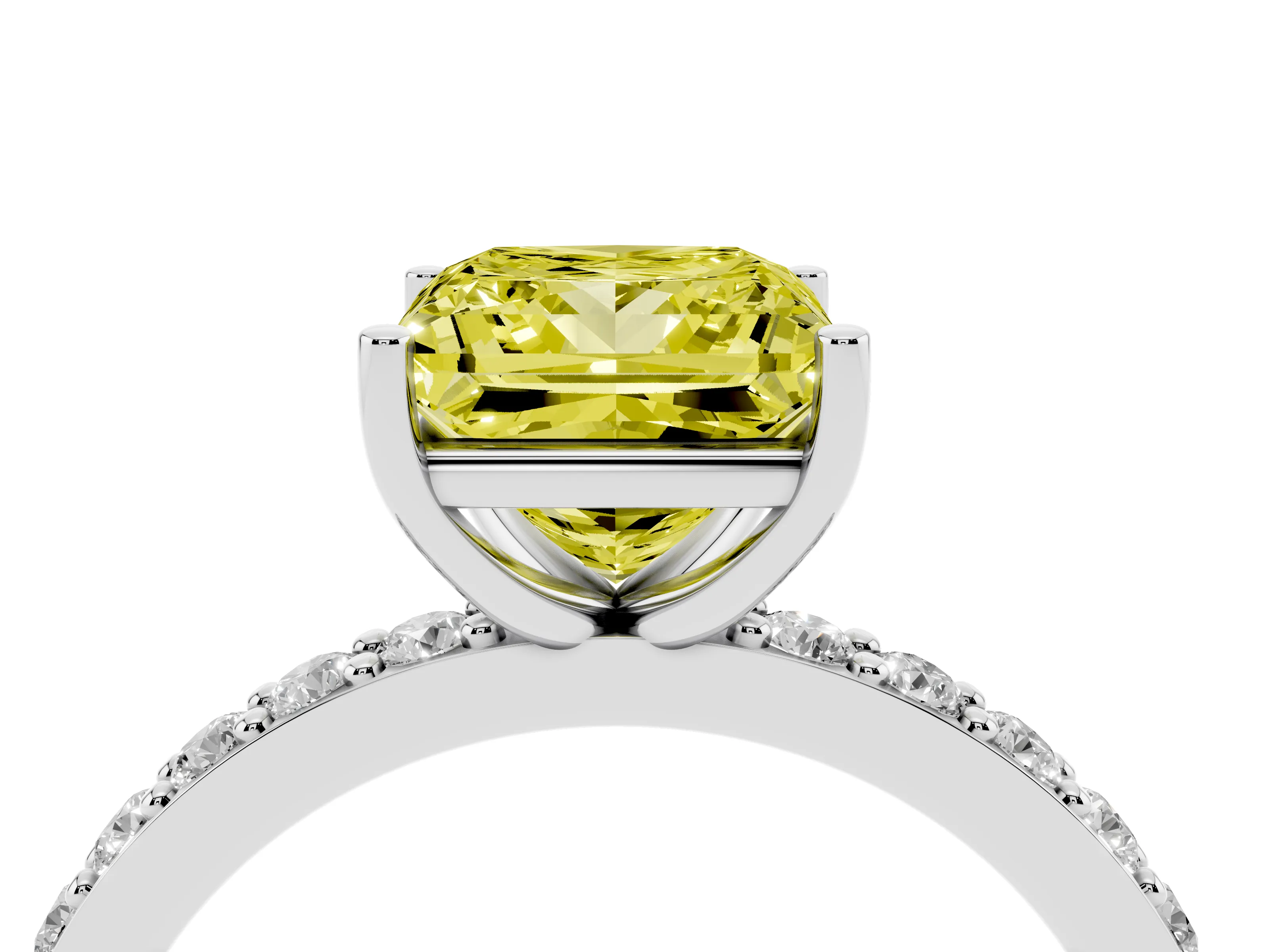 Fancy Yellow Princess Cut Diamond Solitaire Set in White gold with Round Pavé Band and Prong Setting