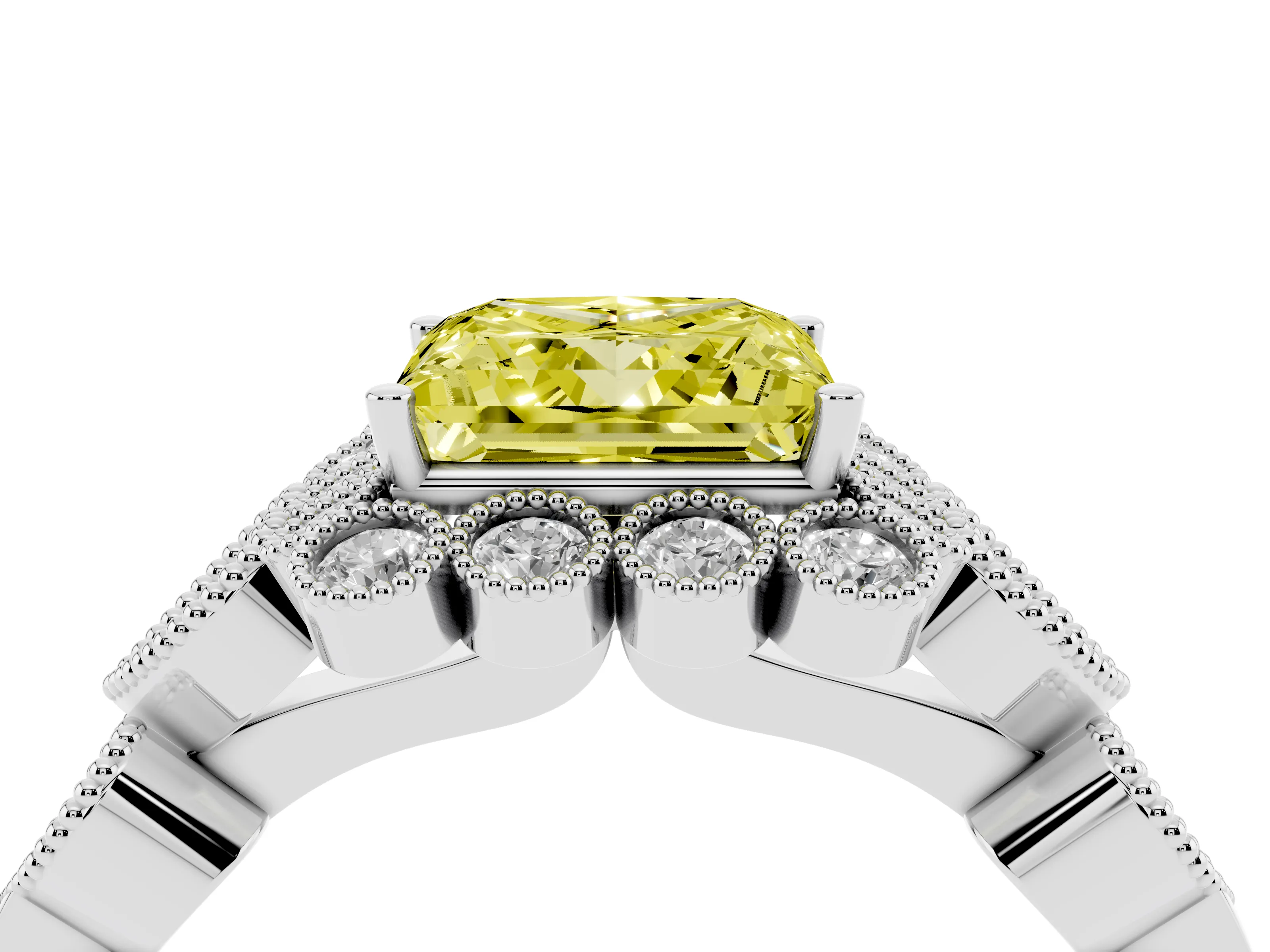 Fancy Yellow Princess Cut Diamond Solitaire Ring Set in Silver with Milgrain Pavé Heart Band