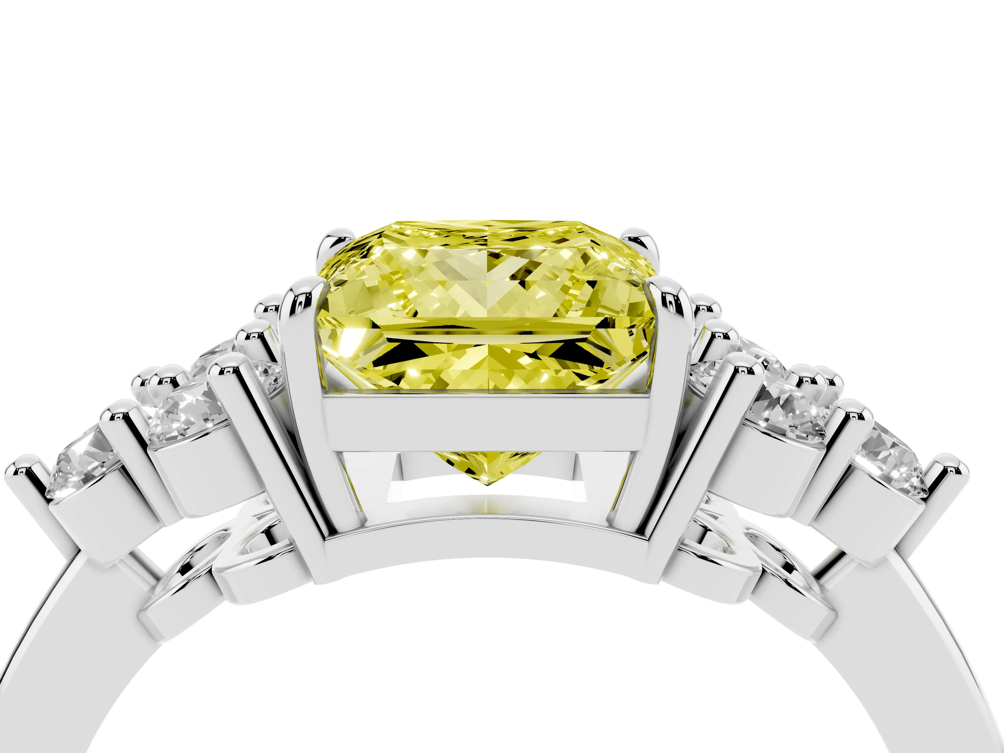 Fancy Yellow Princess Cut Diamond Solitaire Ring Set in Silver with Cluster Accents on Each Side