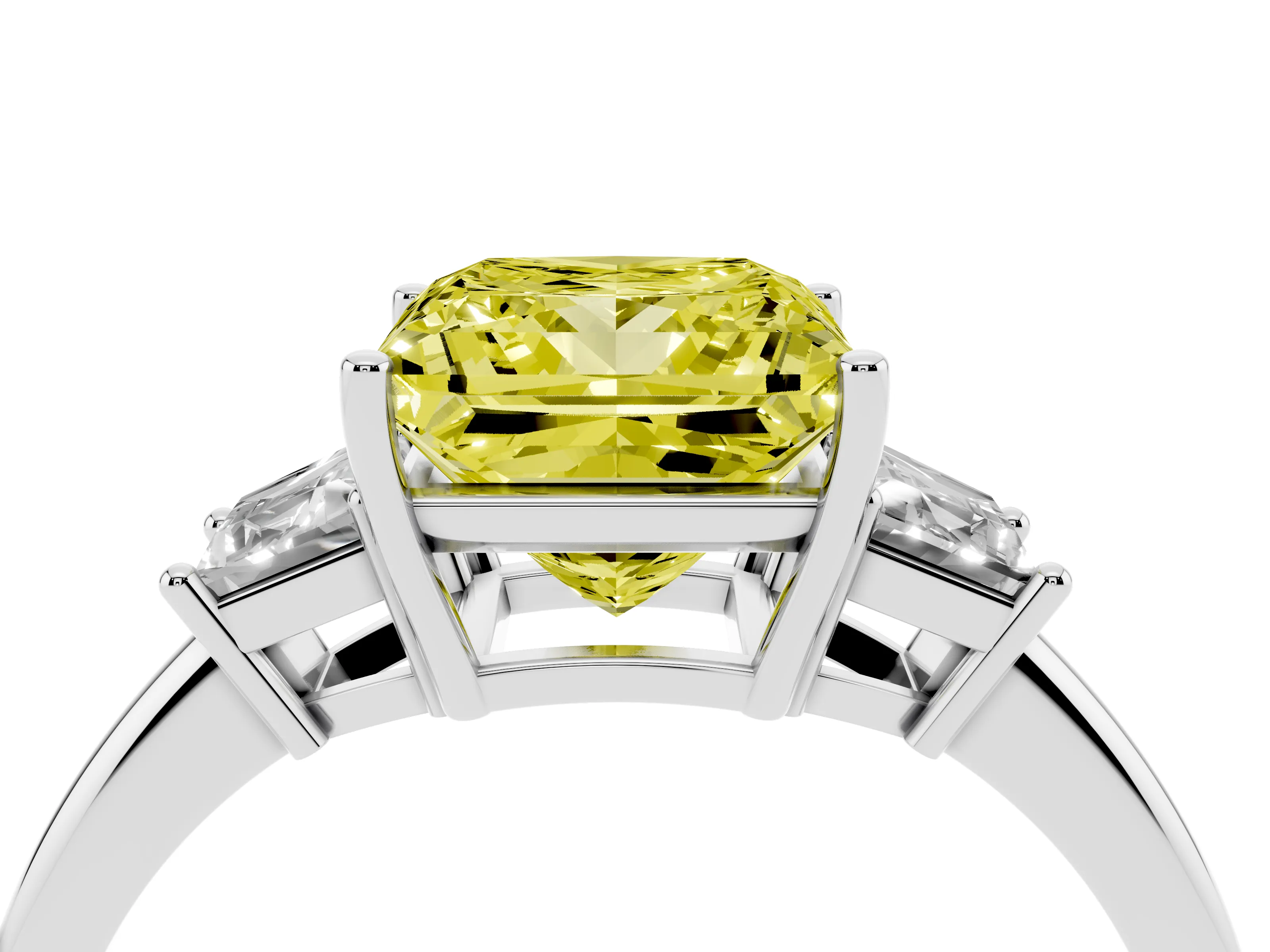 Fancy Yellow Princess Cut Diamond Three-Stone Ring Set in Silver with Trapezoid Side Stones and Prong Setting