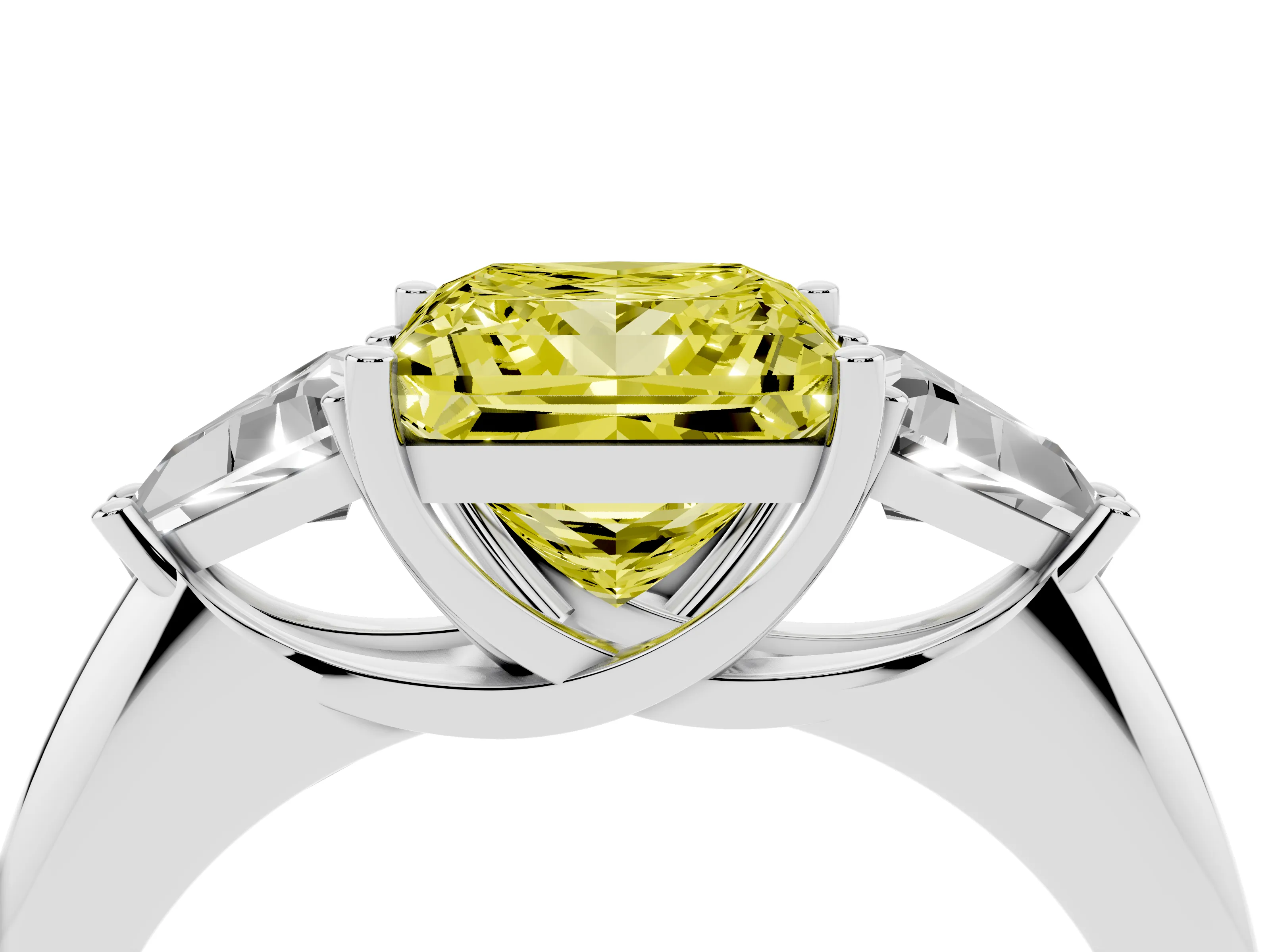 Fancy Yellow Princess Cut Diamond Three-Stone Engagement Ring Set in Platinum with Trillion Side Stones