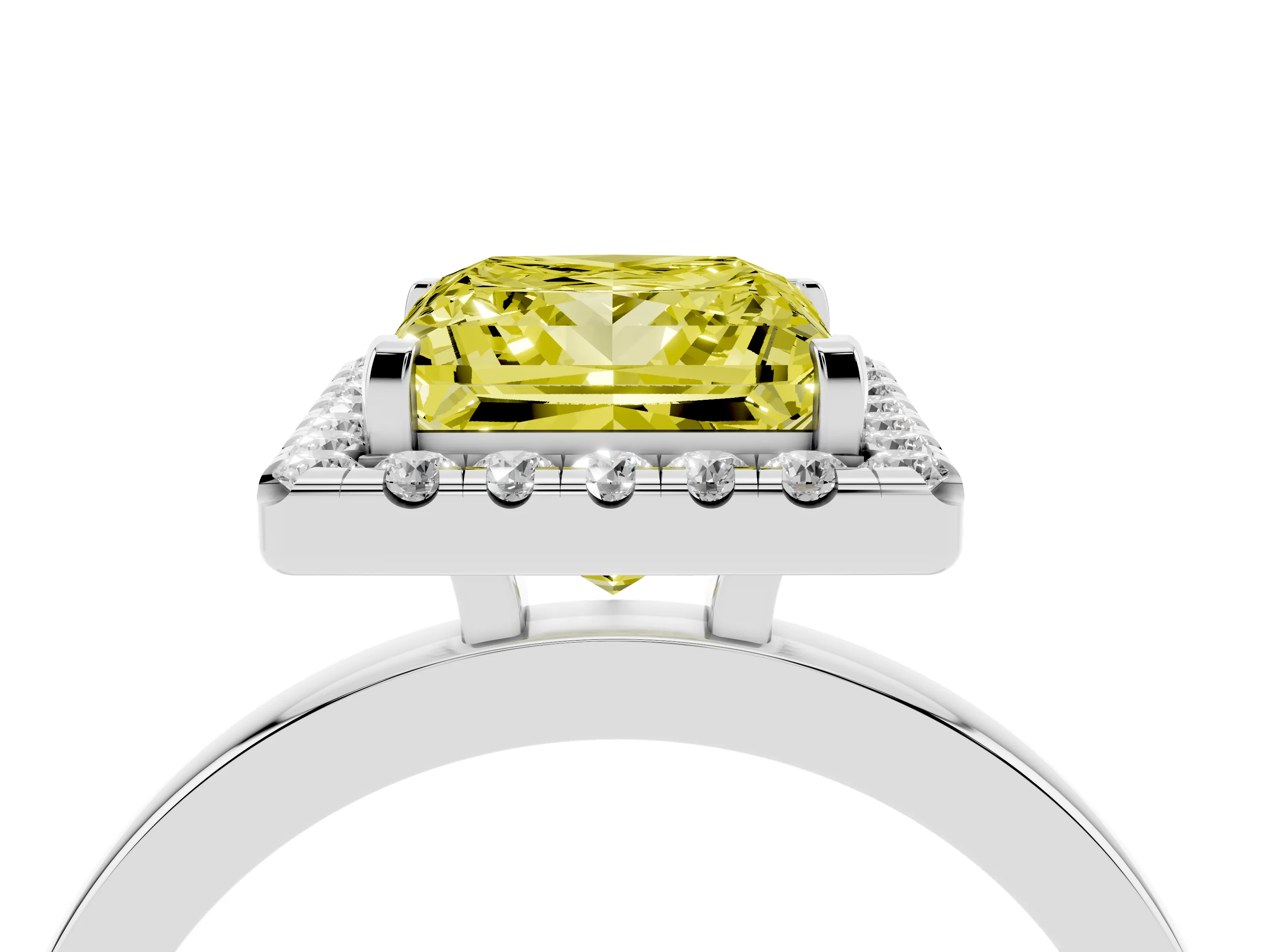 Fancy Yellow Princess Cut Diamond Halo Solitaire Ring Set in White gold with Pavé Band and Prong Setting