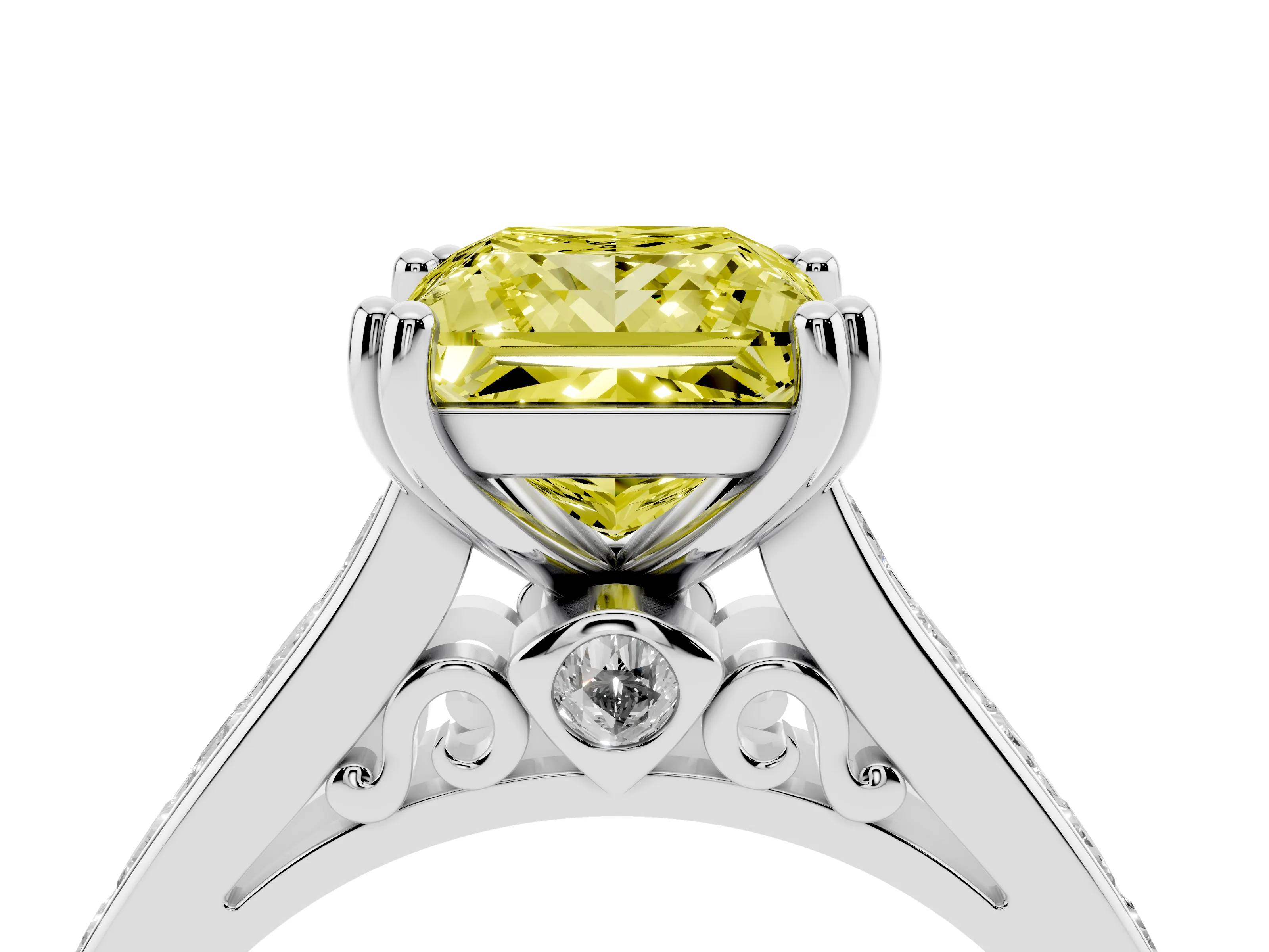 Fancy Yellow Princess Cut Diamond Channel Set Solitaire Engagement Ring Set in Platinum with Prong Setting