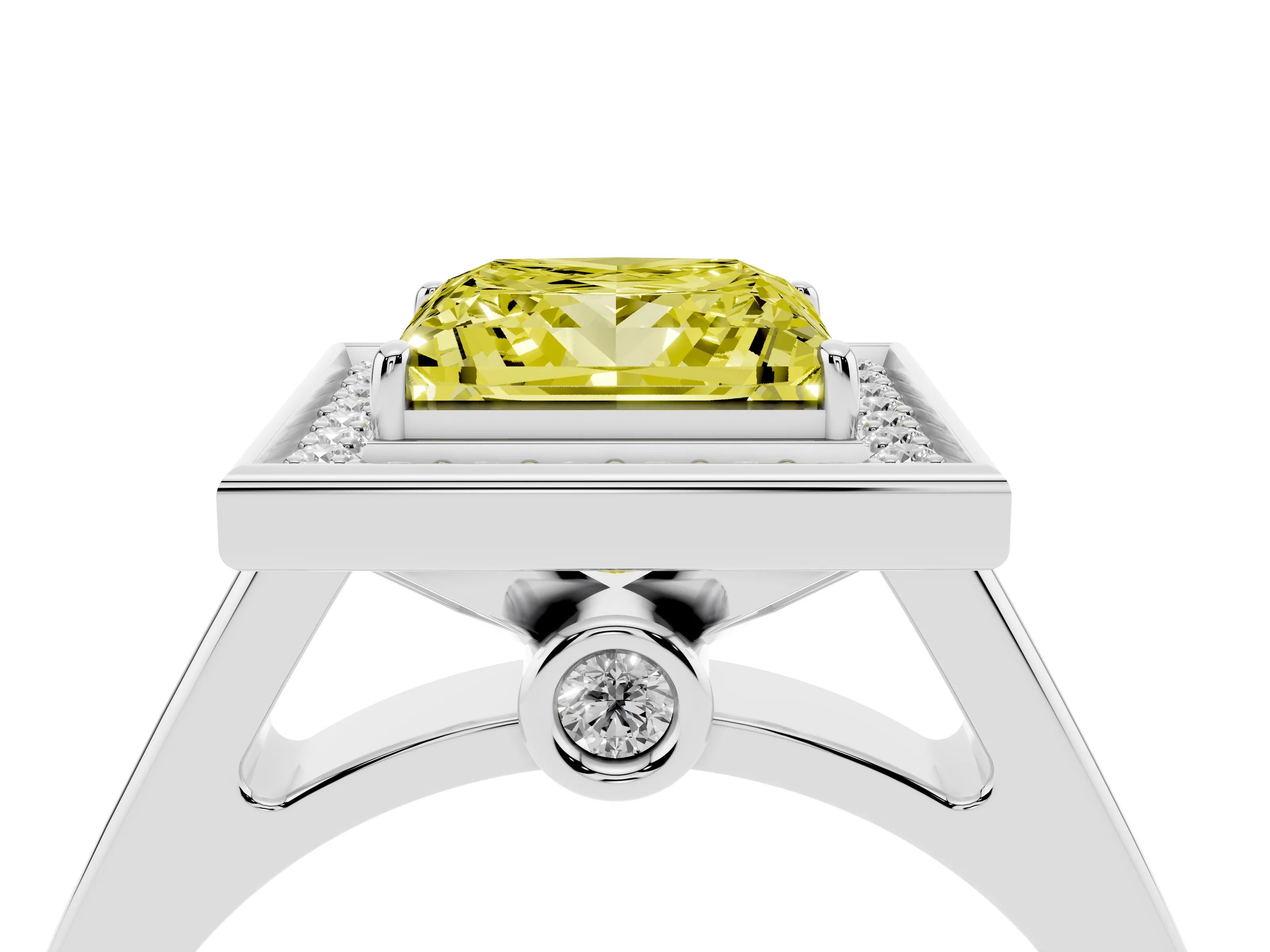 Fancy Yellow Princess Cut Diamond Halo Solitaire Ring Set in Platinum with Pavé Band and Bezel Setting