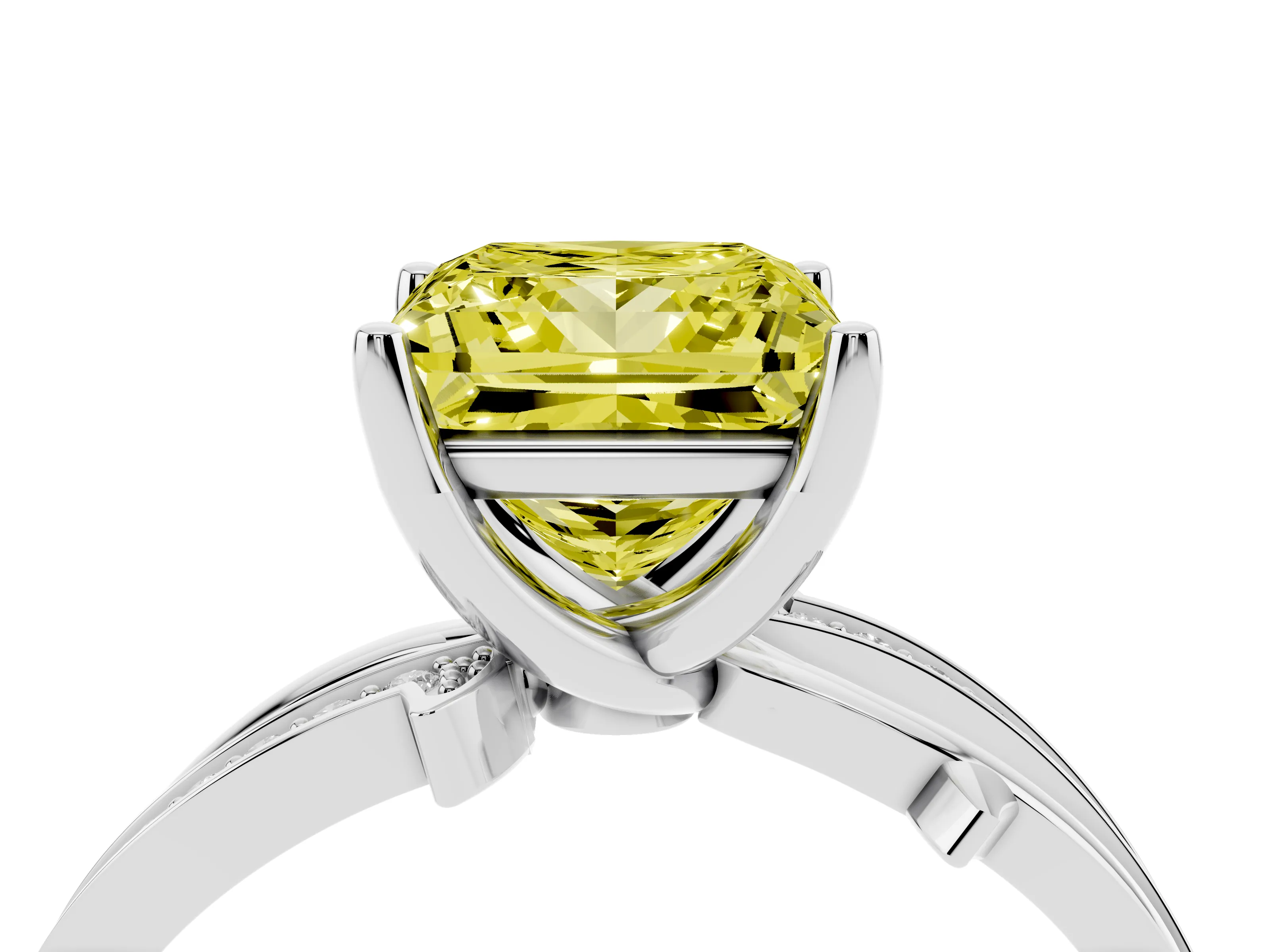 Fancy Yellow Princess Cut Diamond Pavé Twist Band Solitaire Ring Set in Platinum with Prong Setting
