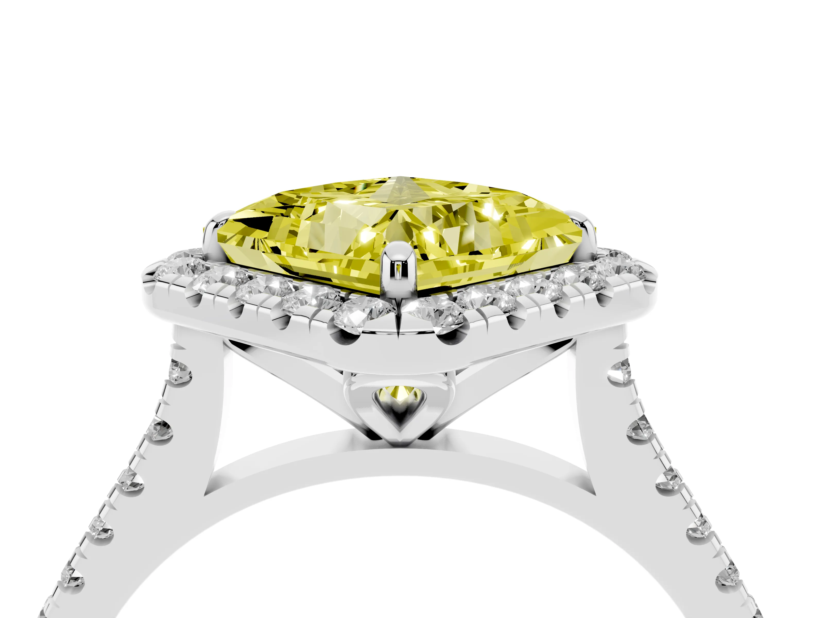 Fancy Yellow Princess Cut Diamond Cushion Halo Ring Set in White gold with Pavé Band