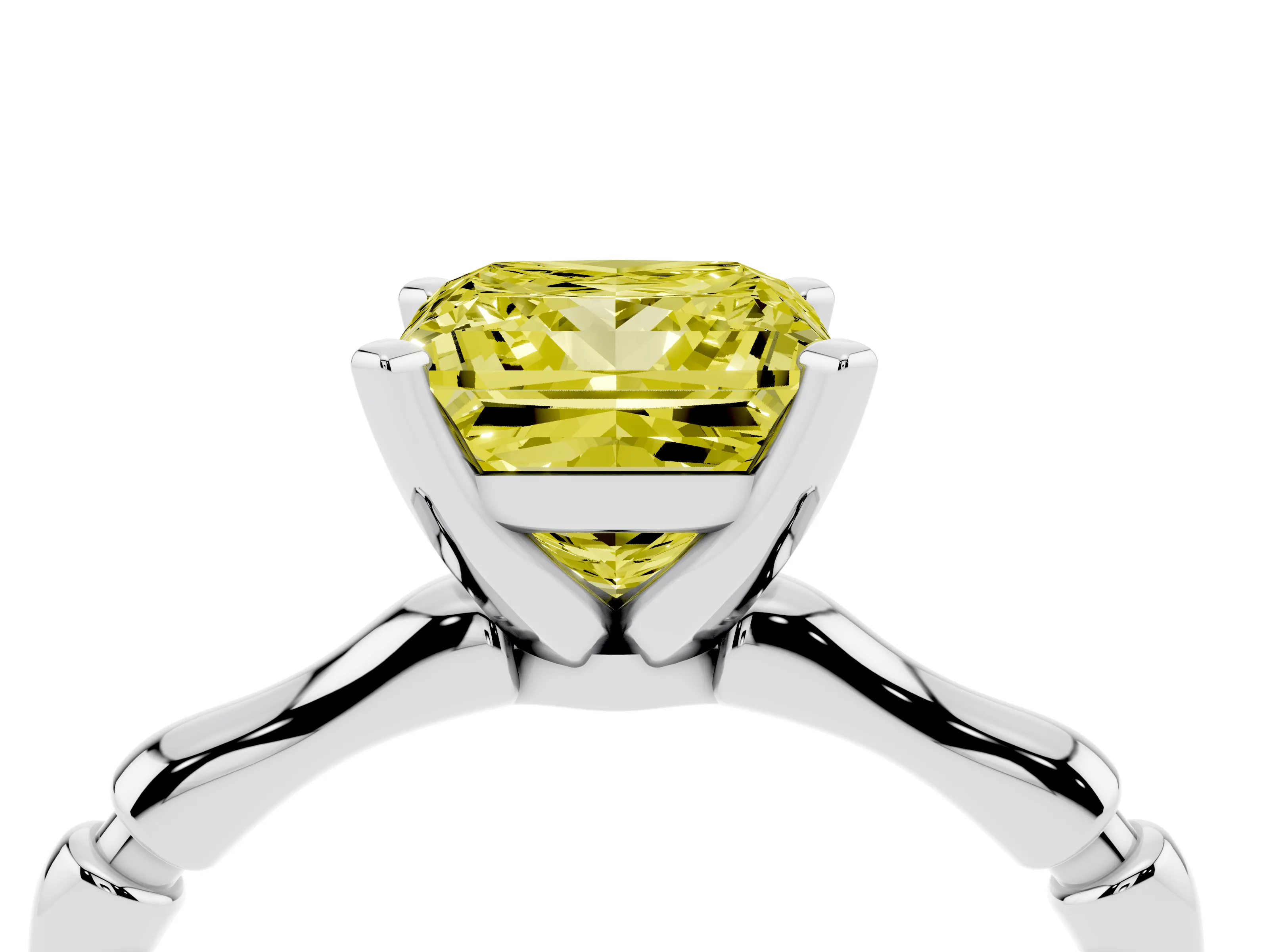 Fancy Yellow Princess Cut Diamond Solitaire Ring Set in Silver with Bamboo Band and Prong Setting