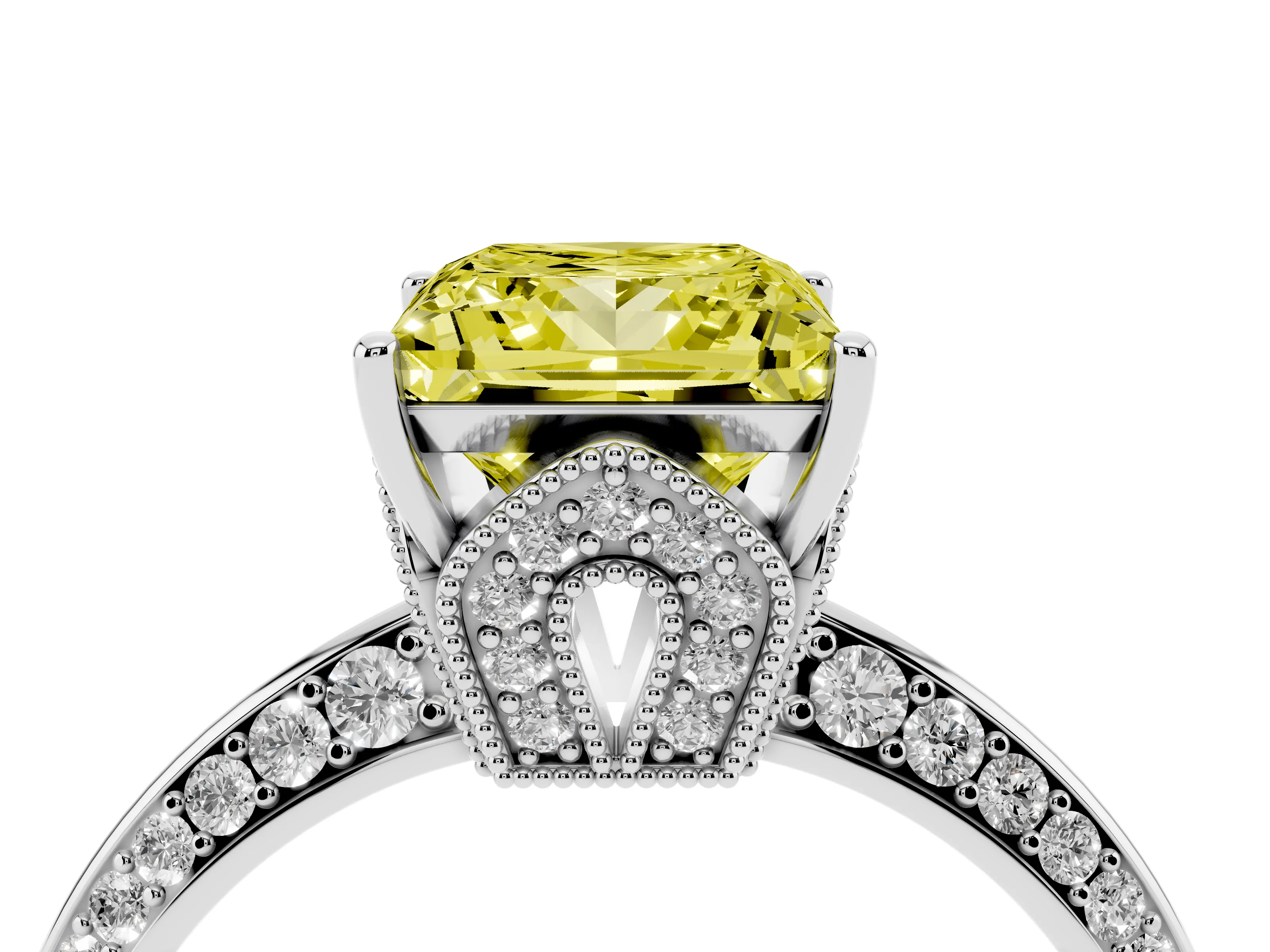Fancy Yellow Princess Cut Diamond Solitaire Engagement Ring Set in White gold with Pavé Split Shank and Prong Setting