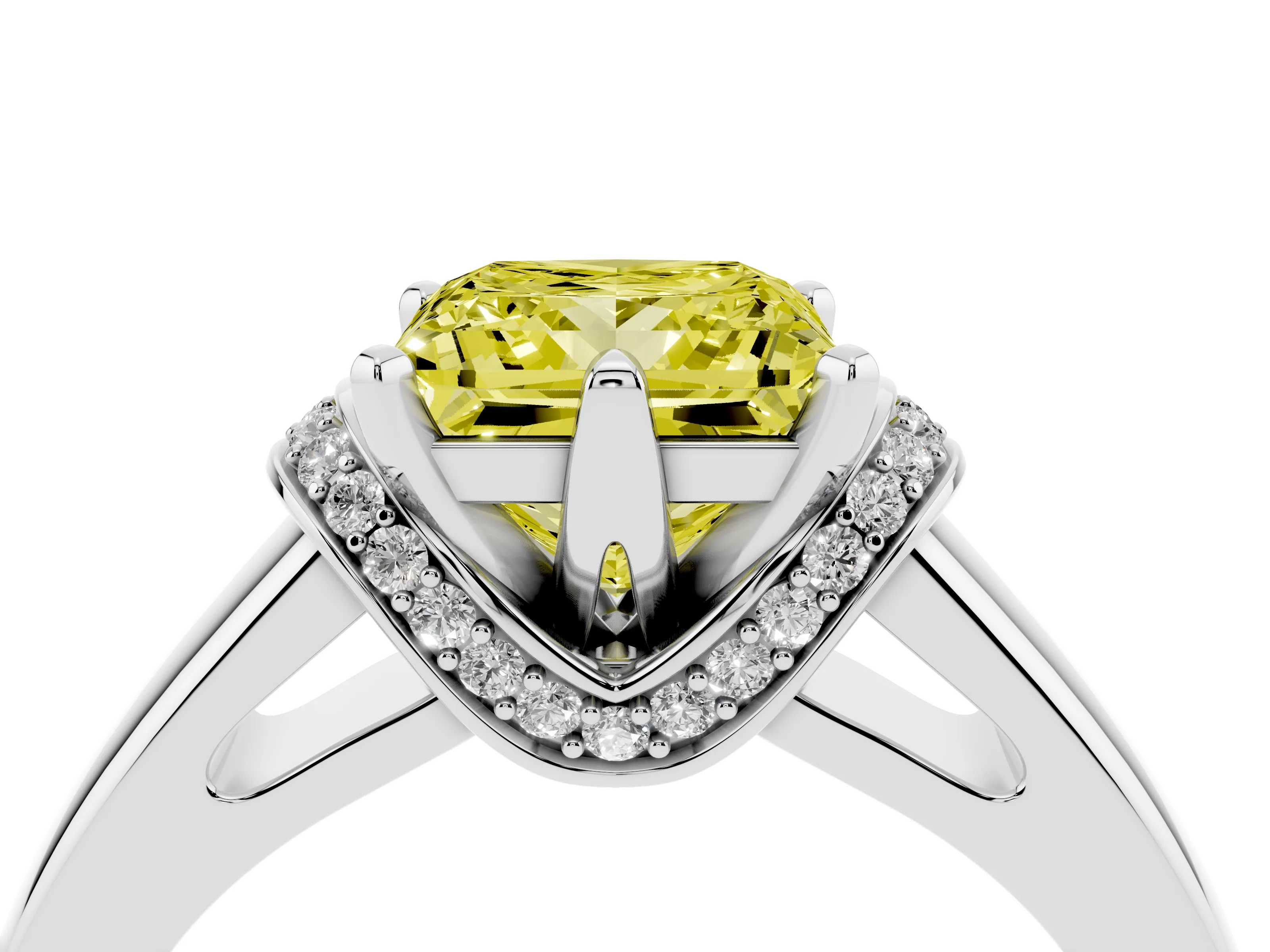 Fancy Yellow Princess Cut Diamond Pavé Band Solitaire Ring Set in Silver with Prong Setting