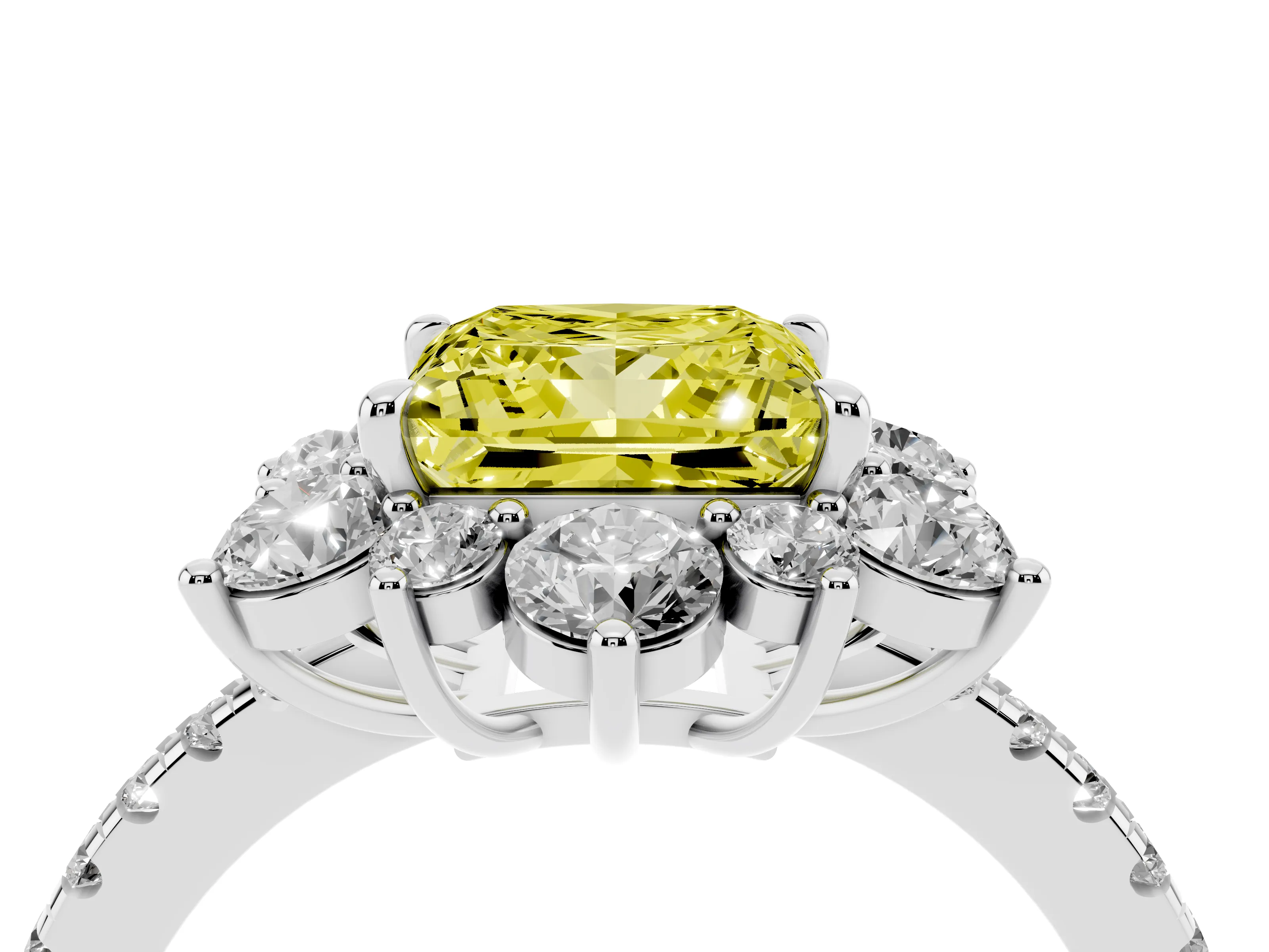 Fancy Yellow Princess Cut Diamond Floral Halo Ring Set in Platinum with Round Pavé Band and Prong Setting