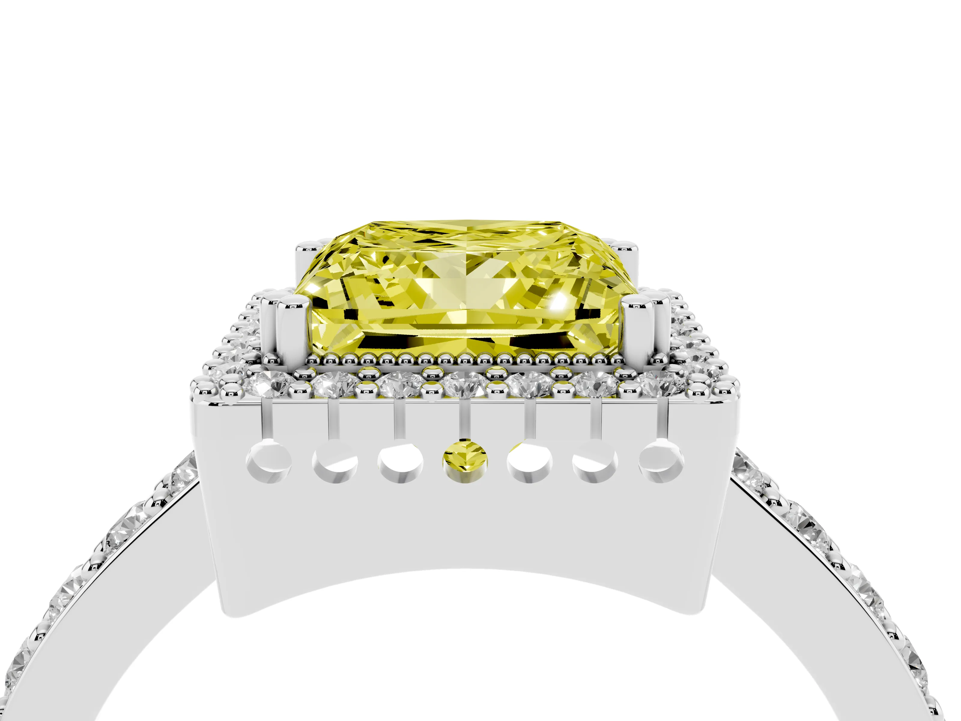 Fancy Yellow Princess Cut Diamond Halo Engagement Ring Set in White gold with Milgrain Detail and Pavé Band