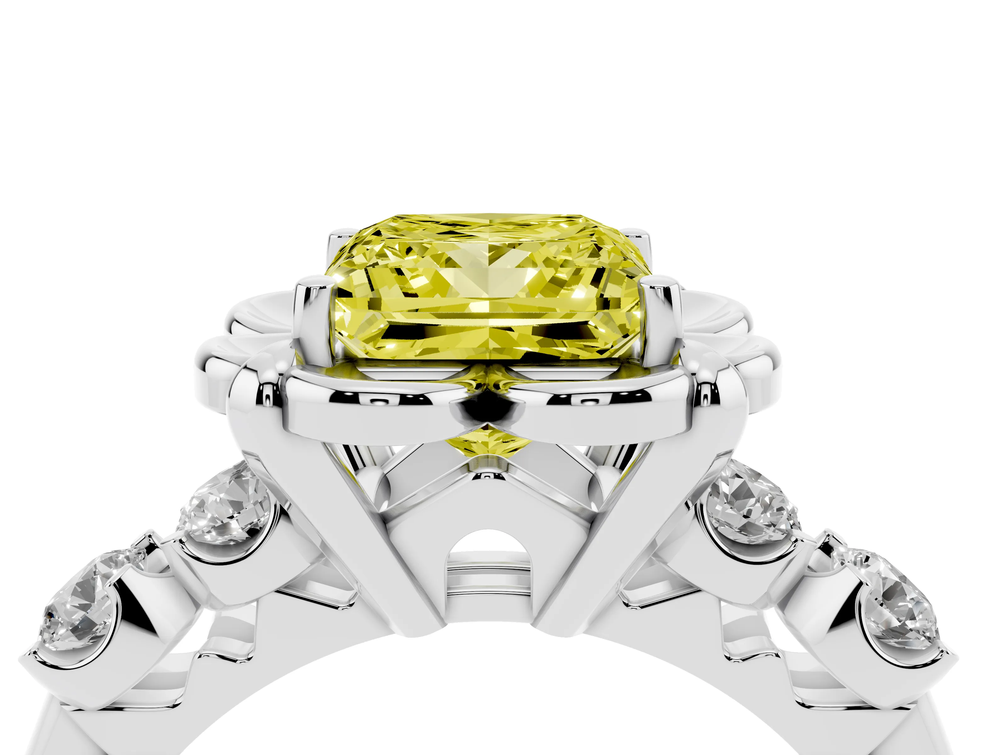 Fancy Yellow Princess Cut Diamond Floral Halo Ring Set in Silver with Shared Prong Band