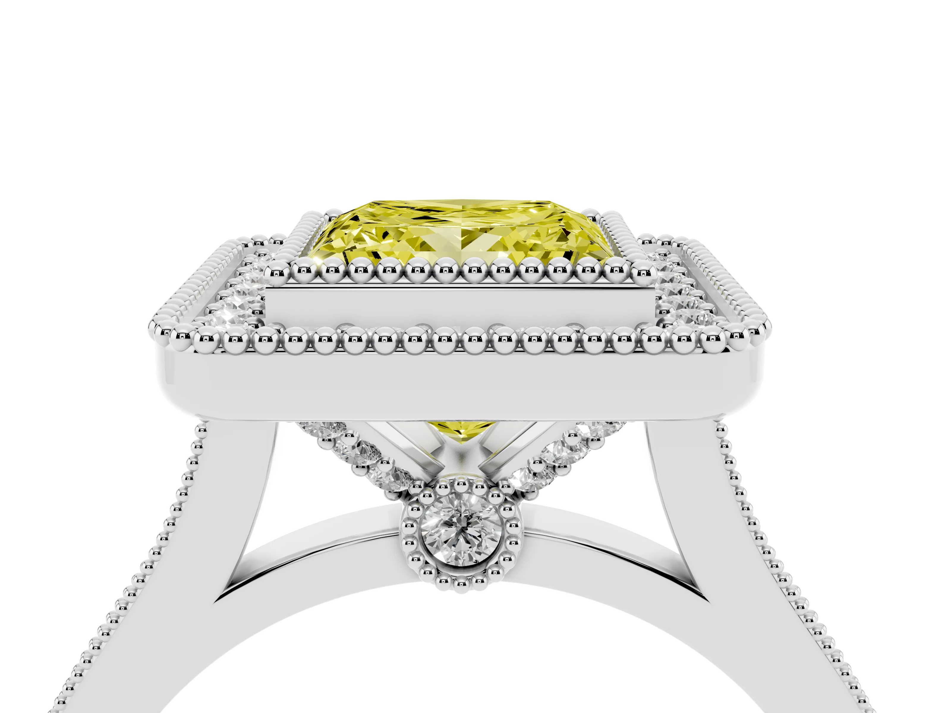 Fancy Yellow Princess Cut Diamond Halo Ring Set in White gold with Milgrain Frame and Pavé Band