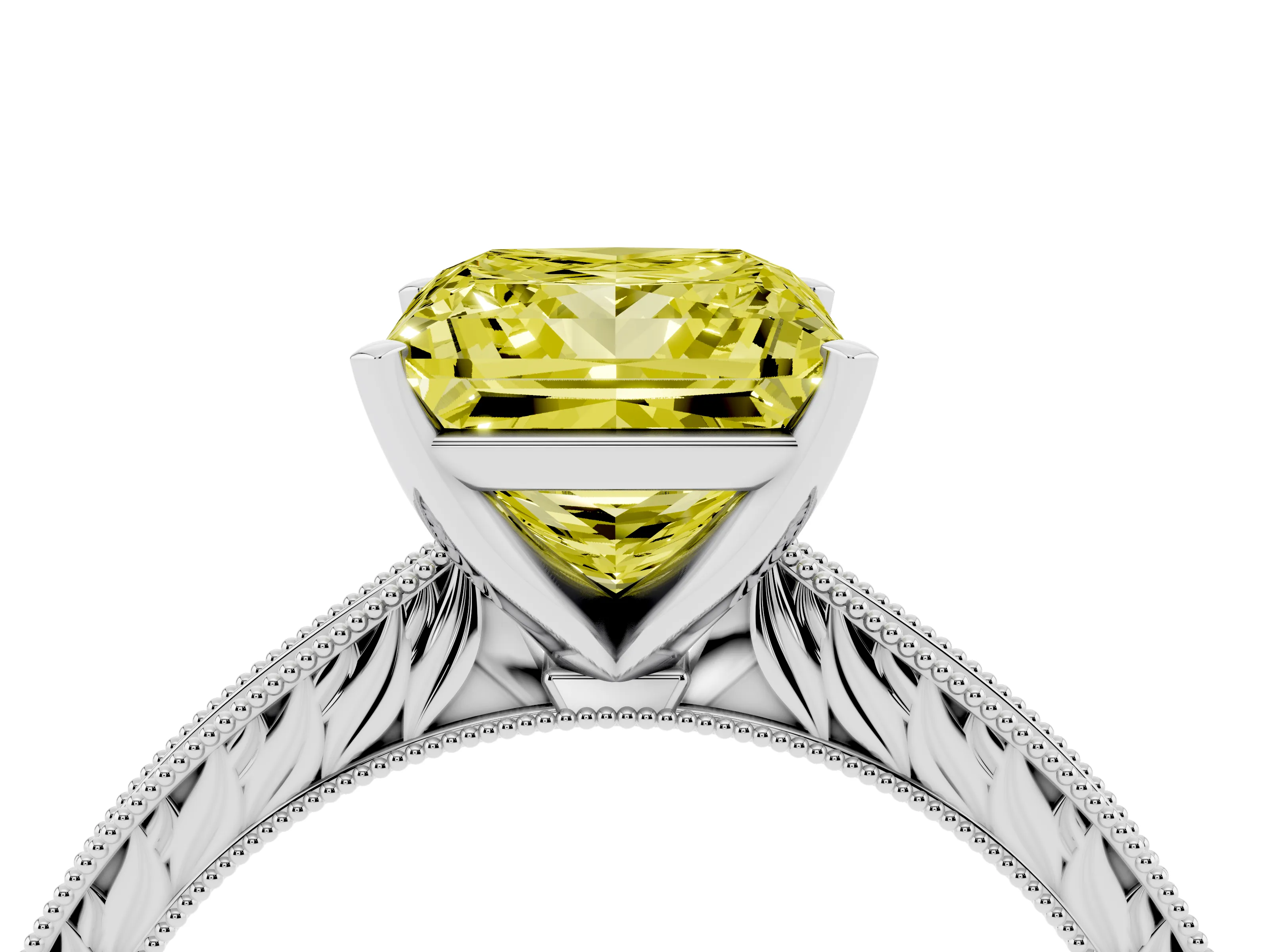 Fancy Yellow Princess Cut Diamond Solitaire Milgrain Engraved Band Set in White gold with Prong Setting