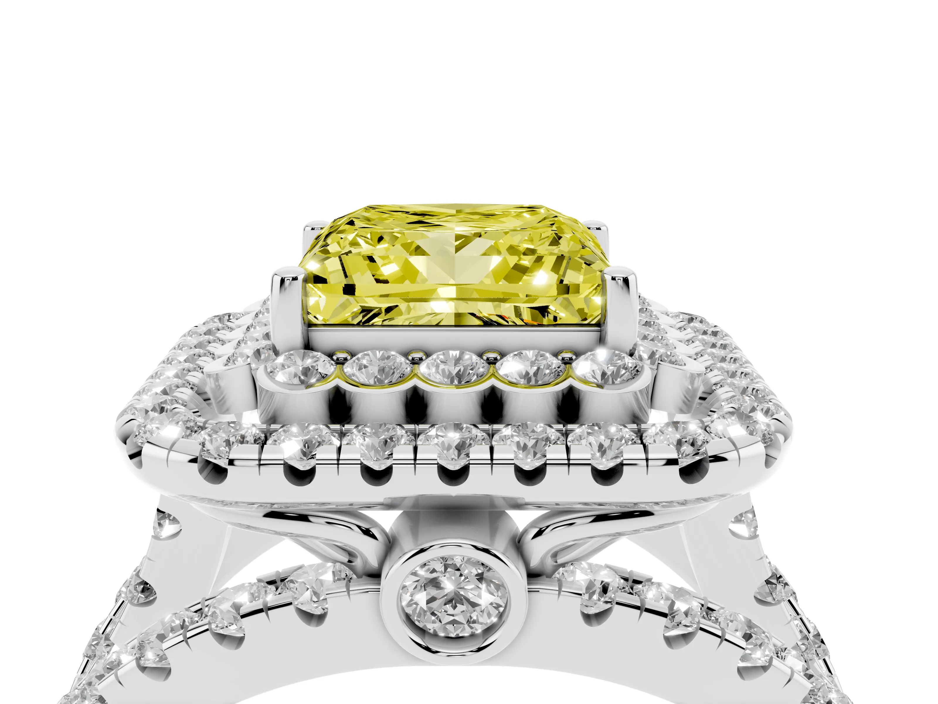 Fancy Yellow Princess Cut Diamond Double Halo Ring Set in White gold with Round Pavé Split Shank
