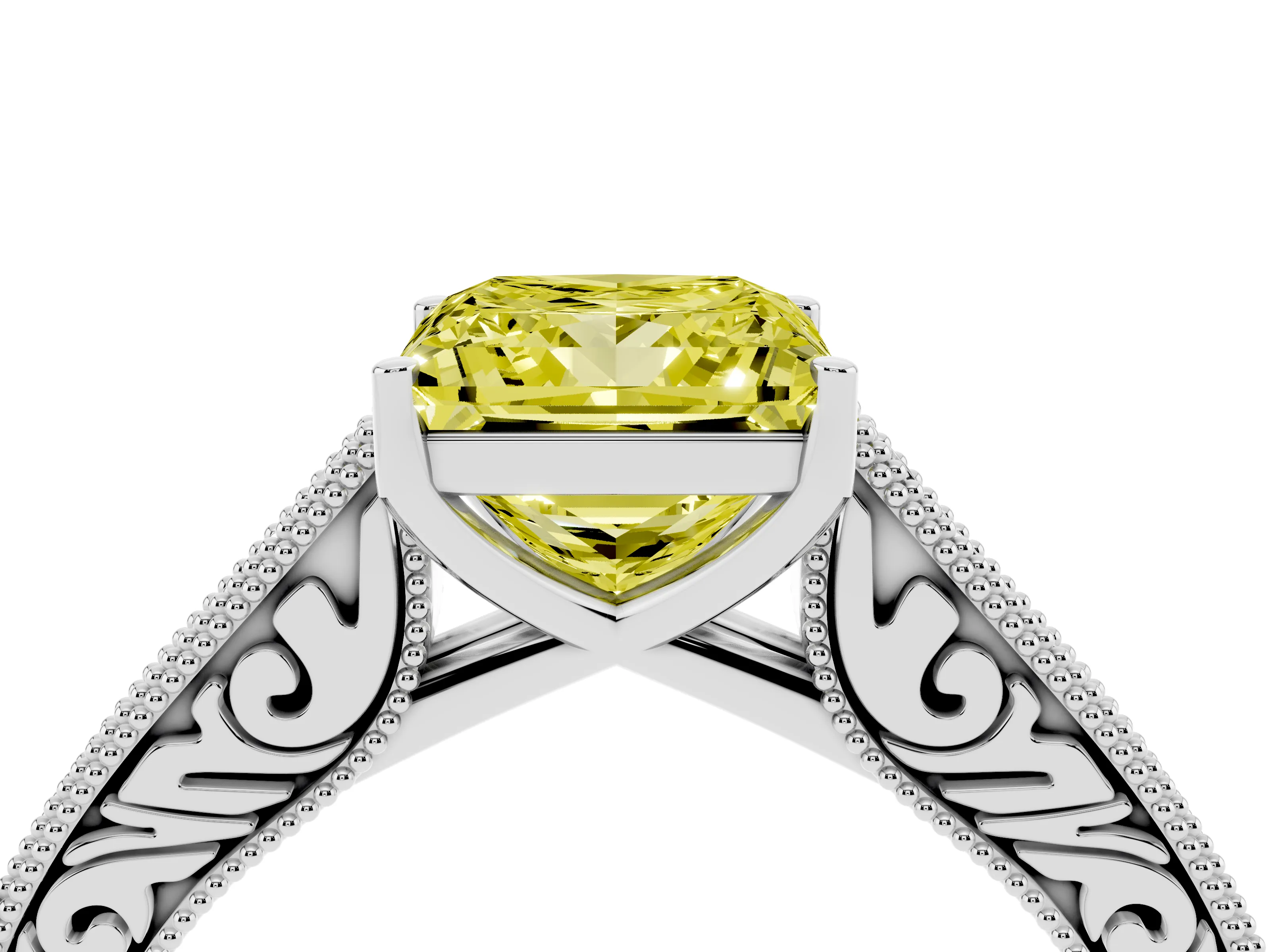 Fancy Yellow Princess Cut Diamond Milgrain Pavé Band Solitaire Ring Set in Platinum with Prong Setting