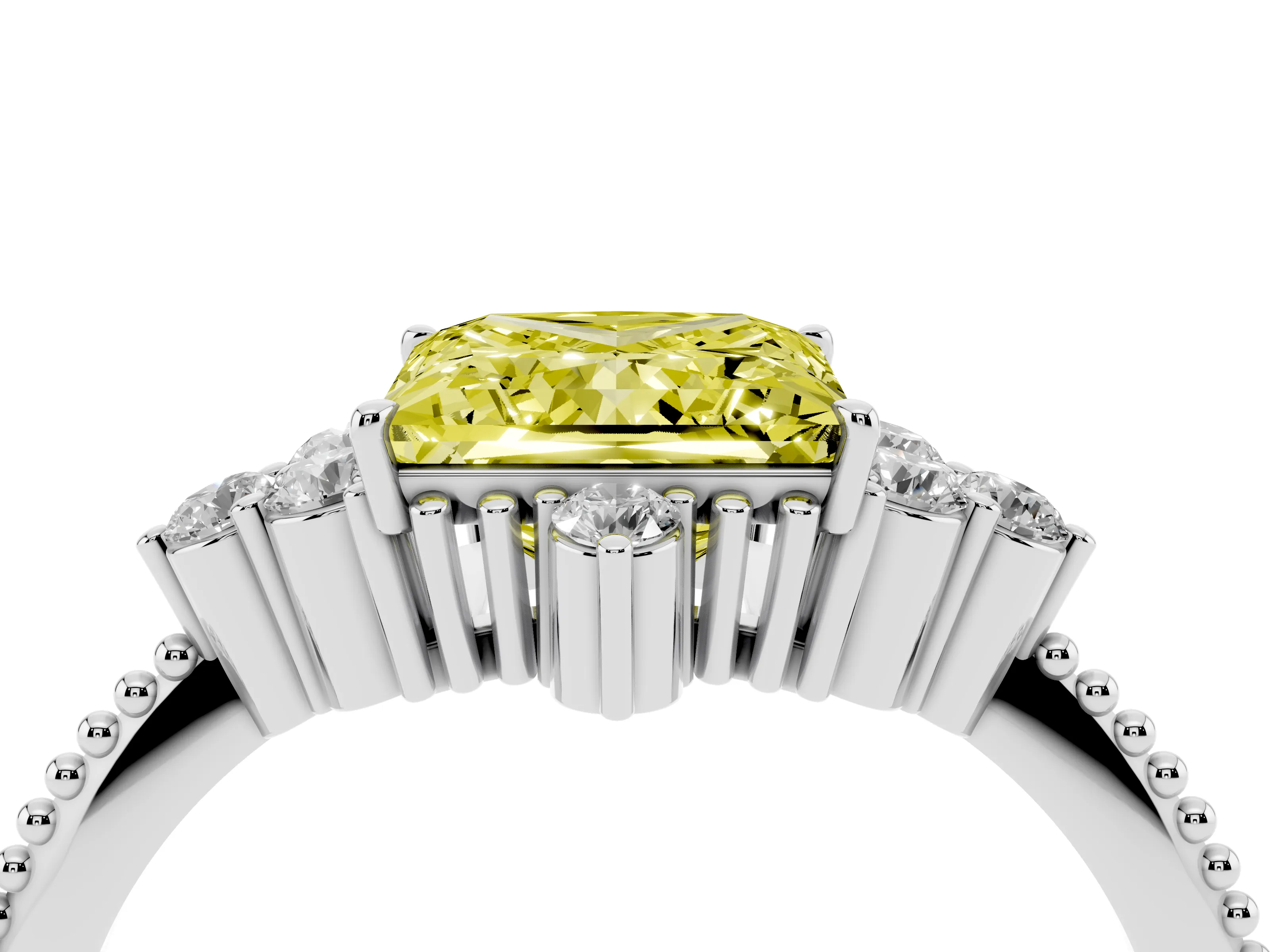 Fancy Yellow Princess Cut Diamond Cluster Ring Set in Silver with Beaded Band
