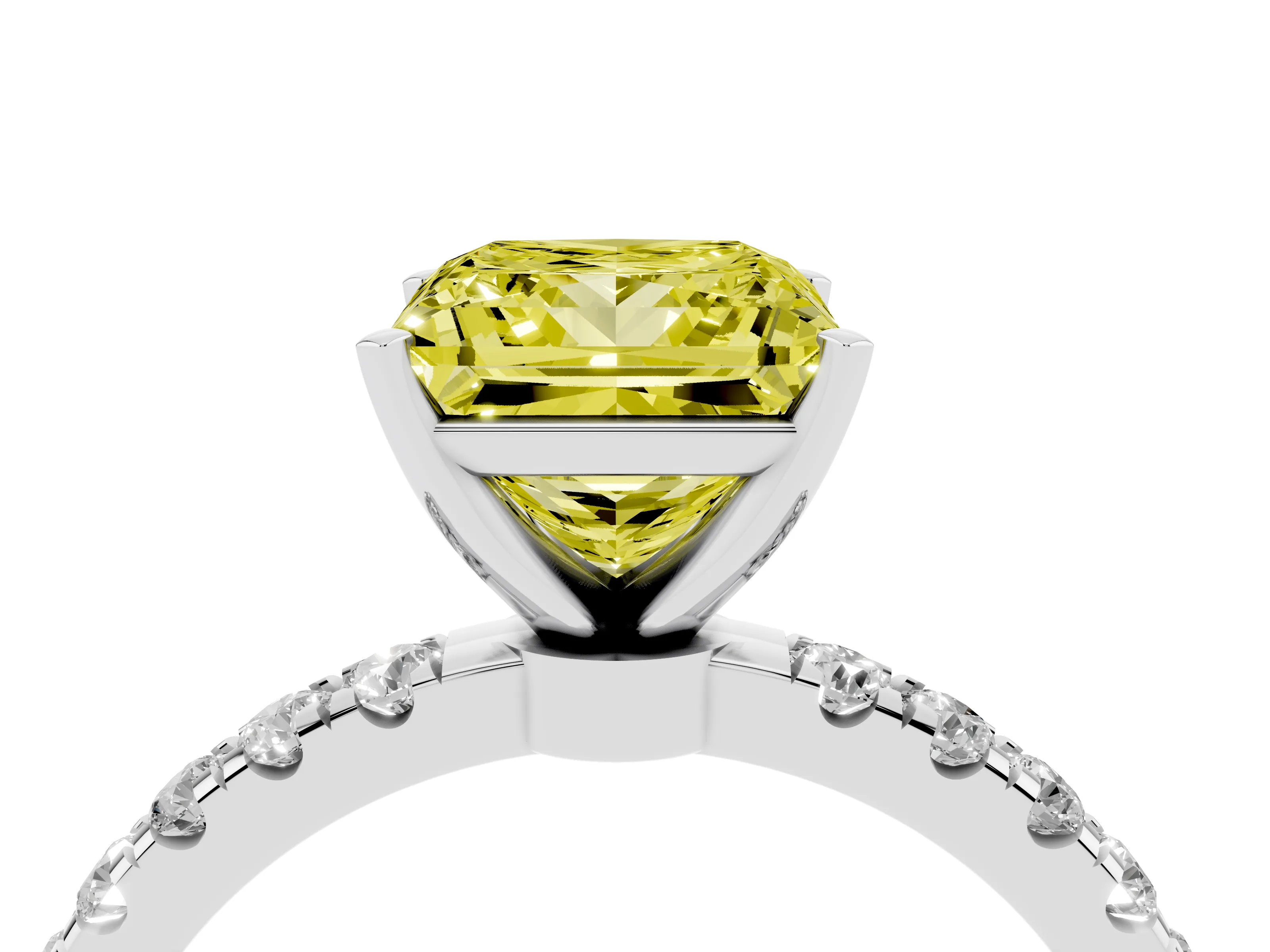 Fancy Yellow Princess Cut Diamond Solitaire Ring Set in Silver with Pavé Accents and Prong Setting