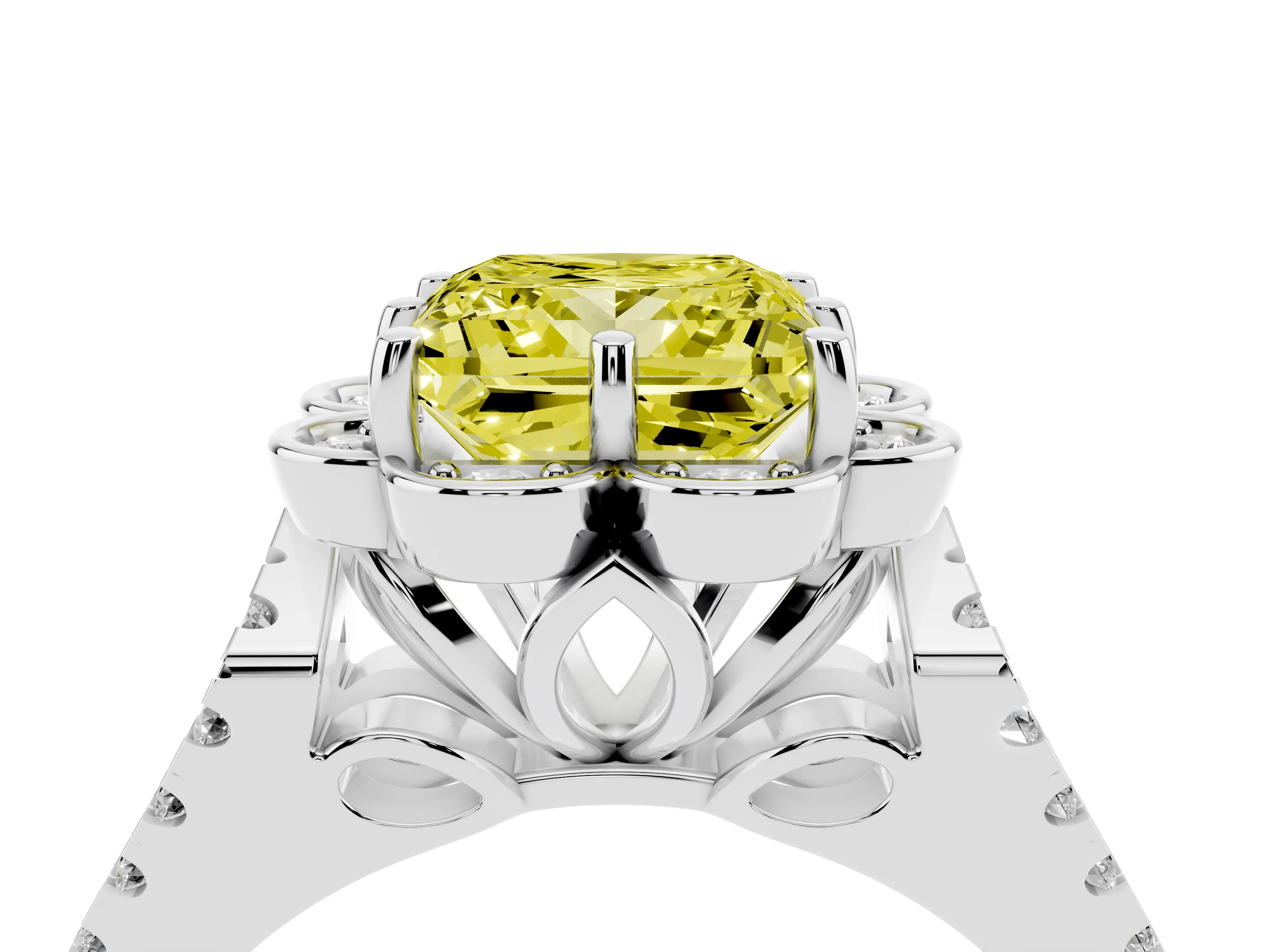 Fancy Yellow Princess Cut Diamond Floral Halo Split Shank Engagement Ring Set in Platinum with Pavé Shank