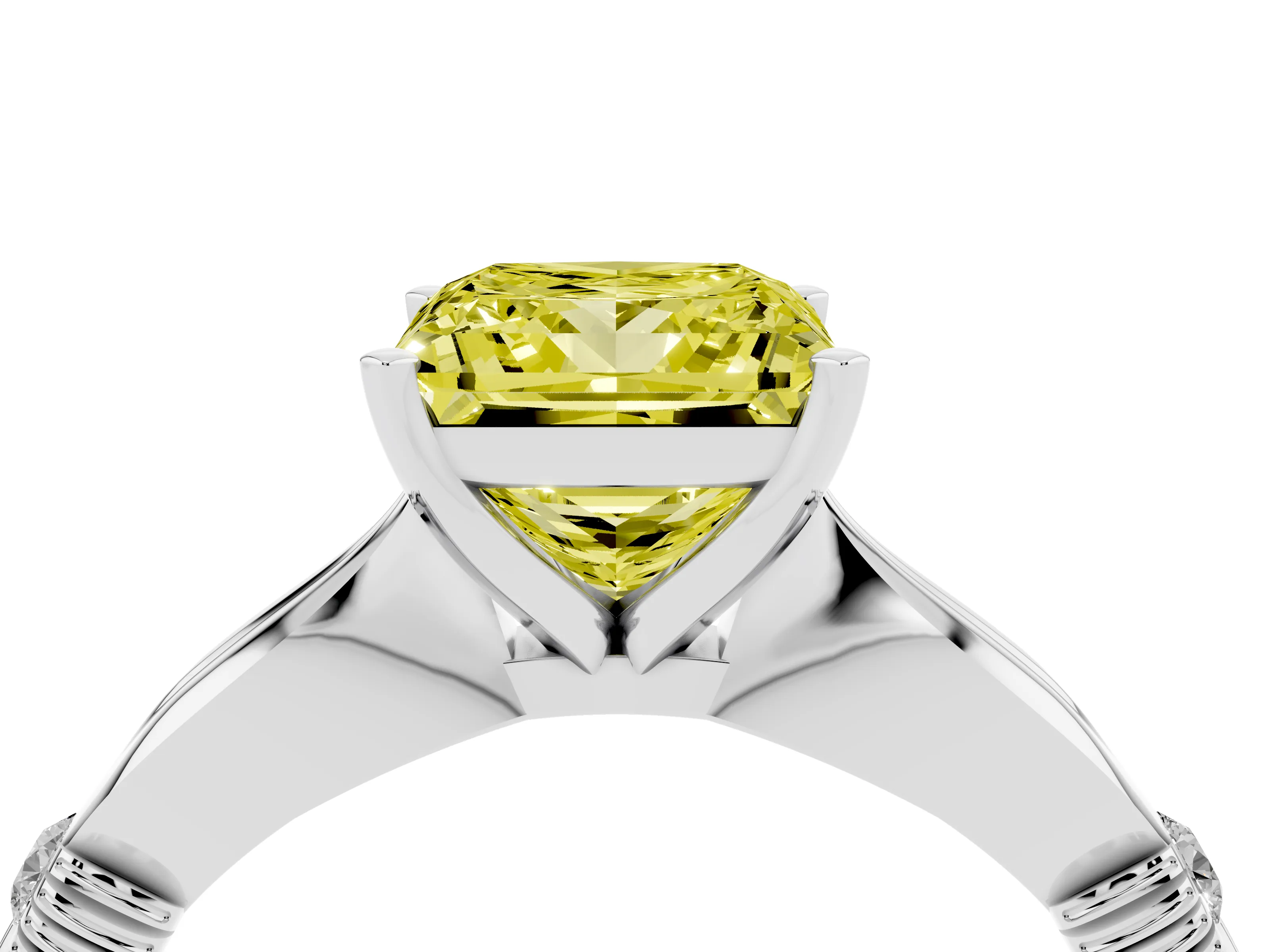Fancy Yellow Princess Cut Diamond Solitaire Twisted Band Ring Set in Silver with Accent Stones and Prong Setting