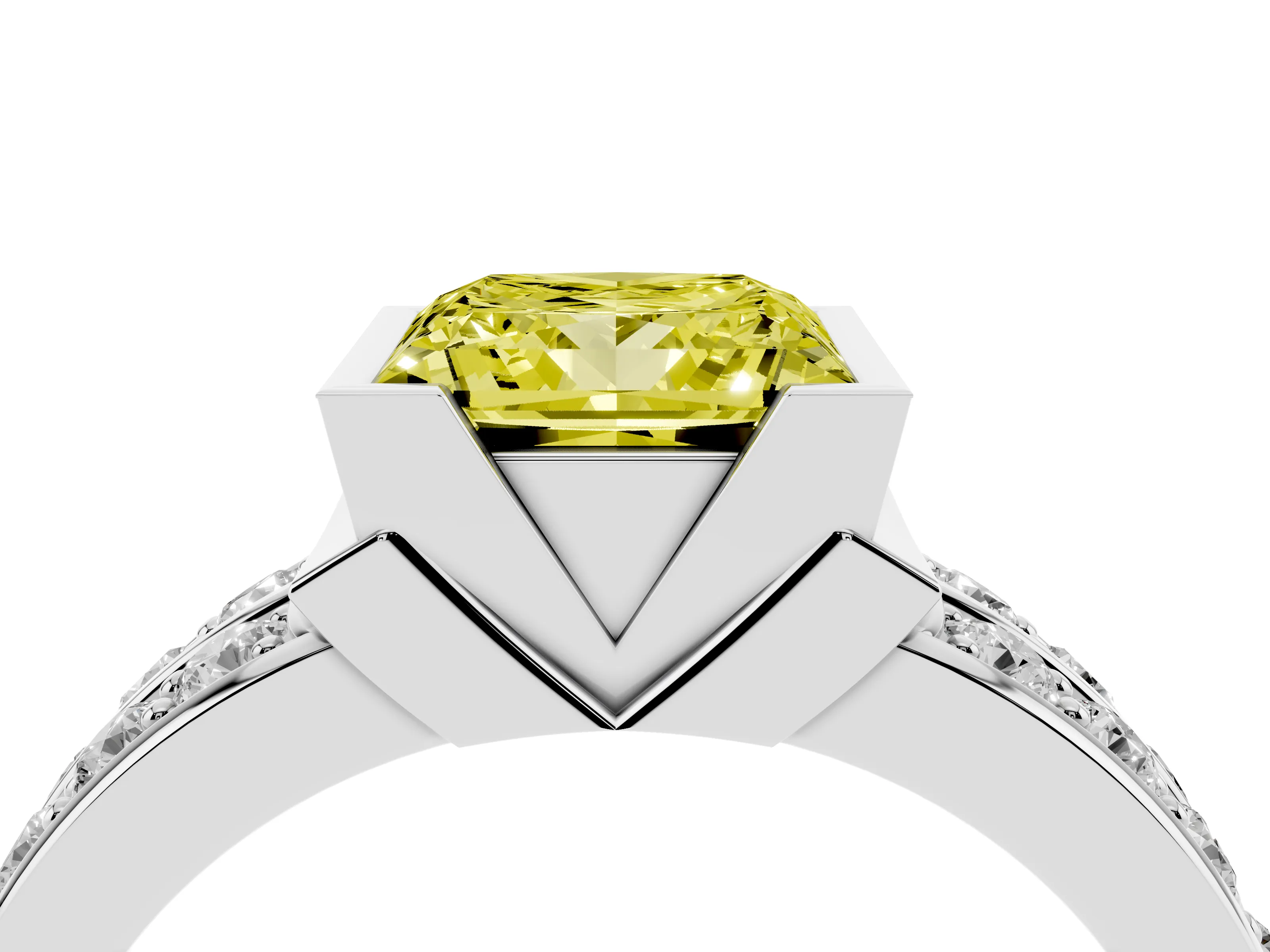 Fancy Yellow Princess Cut Diamond Wide Channel Set Band Ring Set in White gold with Bezel Setting