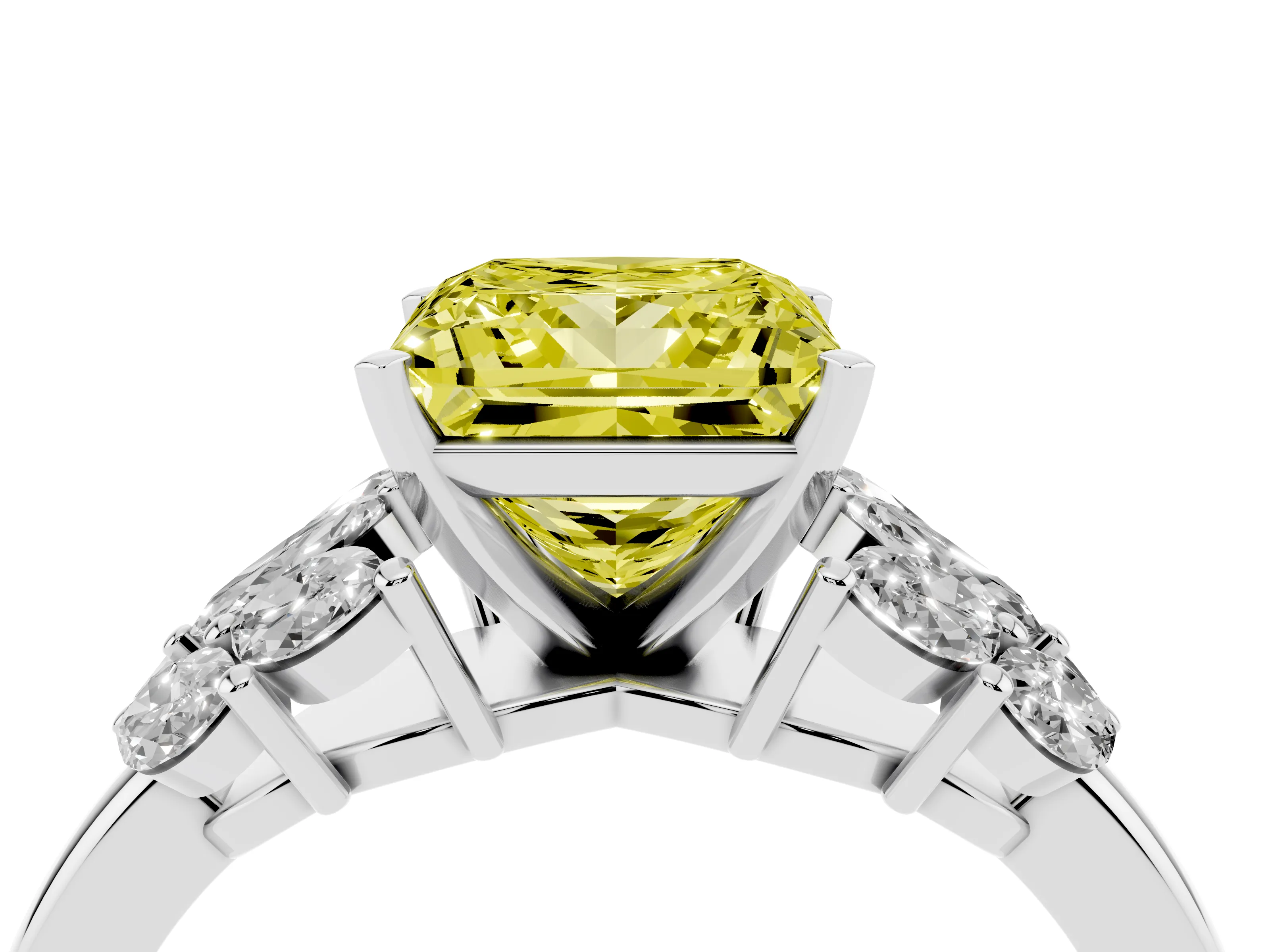 Fancy Yellow Princess Cut Diamond Cluster Leaf Design Ring Set in White gold with Prong Setting