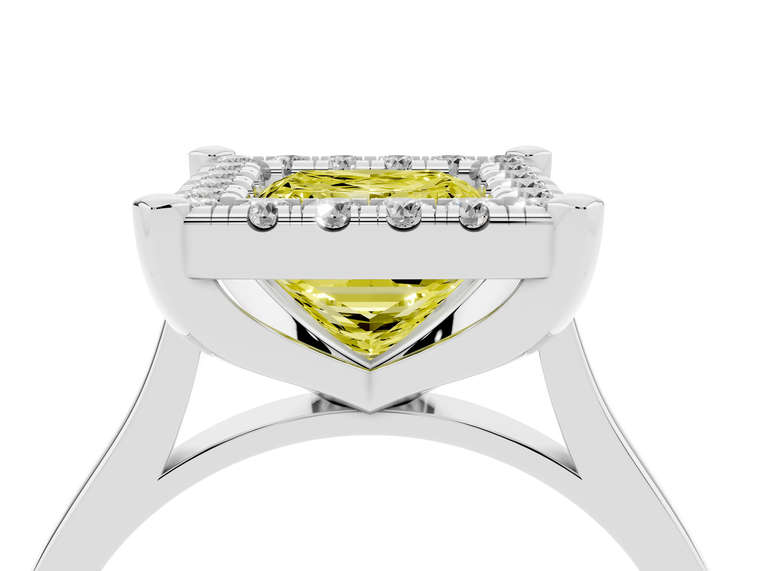 Fancy Yellow Princess Cut Diamond Cluster Halo Solitaire Ring Set in Platinum with Prong Setting