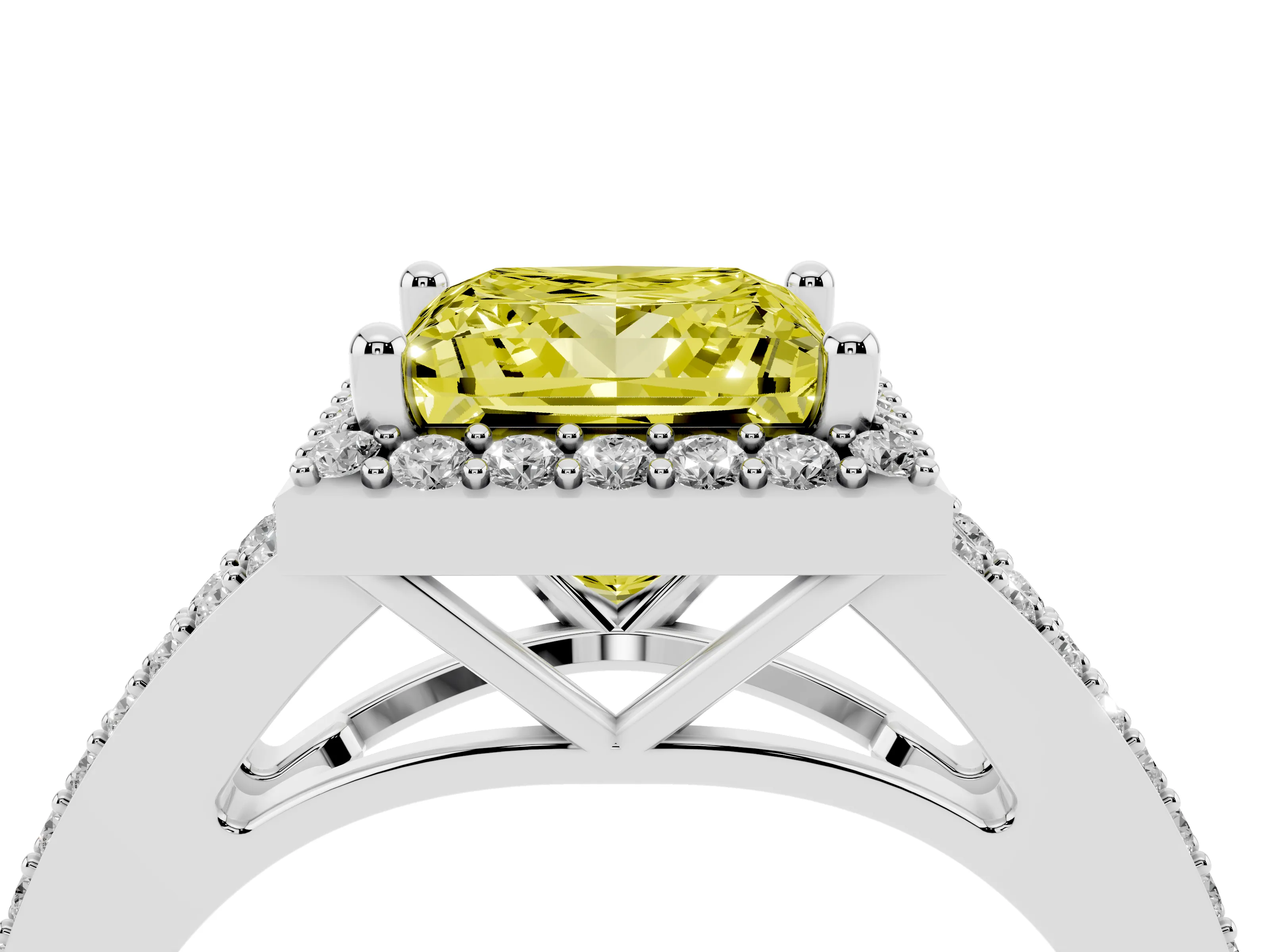 Fancy Yellow Princess Cut Diamond Halo Split Shank Pavé Ring Set in Silver with Prong Setting