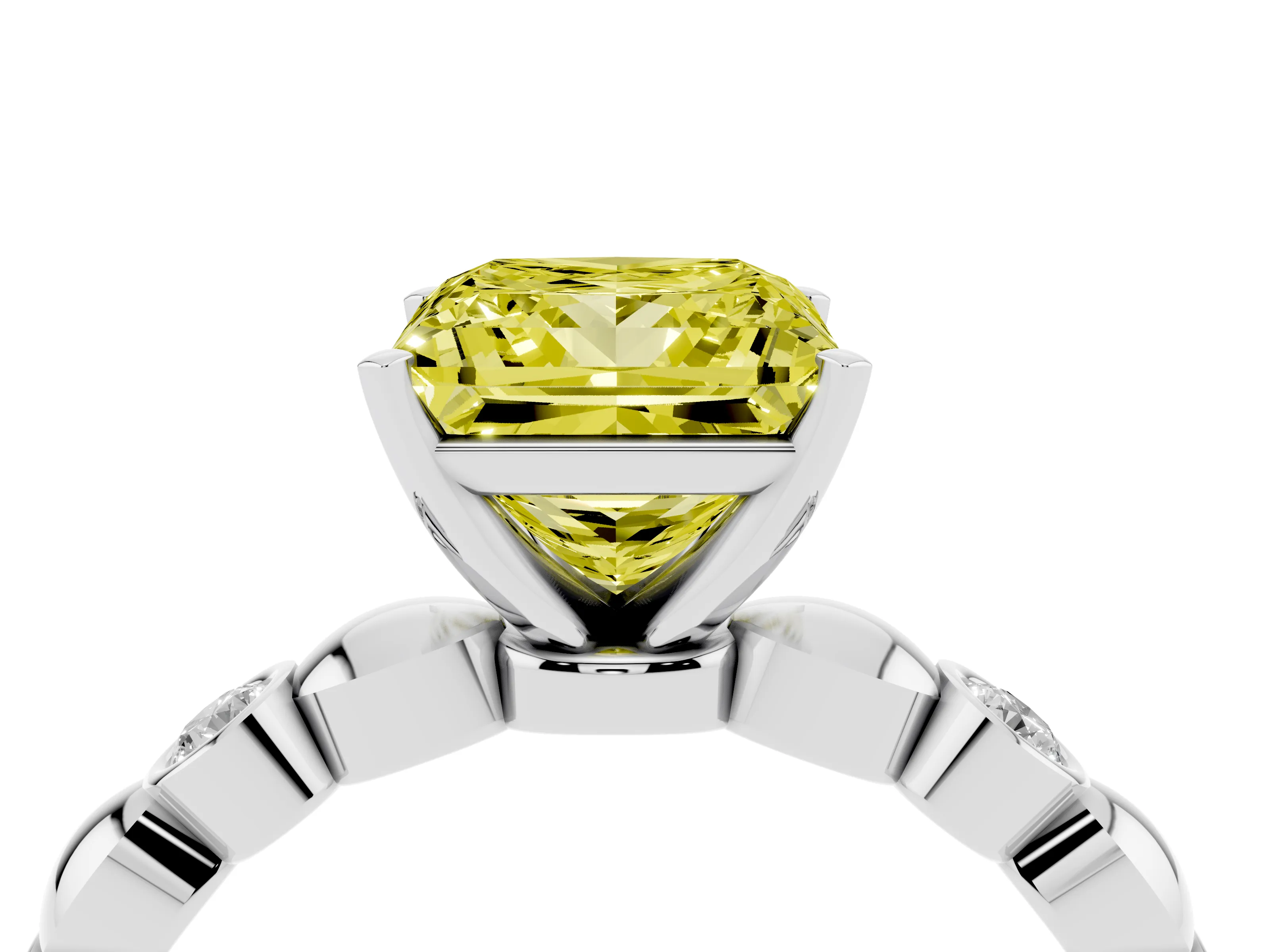 Fancy Yellow Princess Cut Diamond Solitaire Ring Set in Platinum with Bezel-Set Accents on Beaded Band and Prong Setting